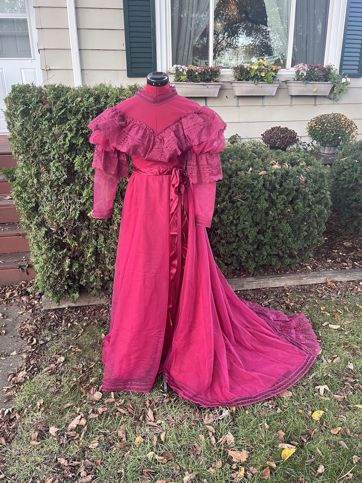 Vintage Prom Dress 1980s Does Victorian Puffy Sleeve High Collar Formal Maxi
