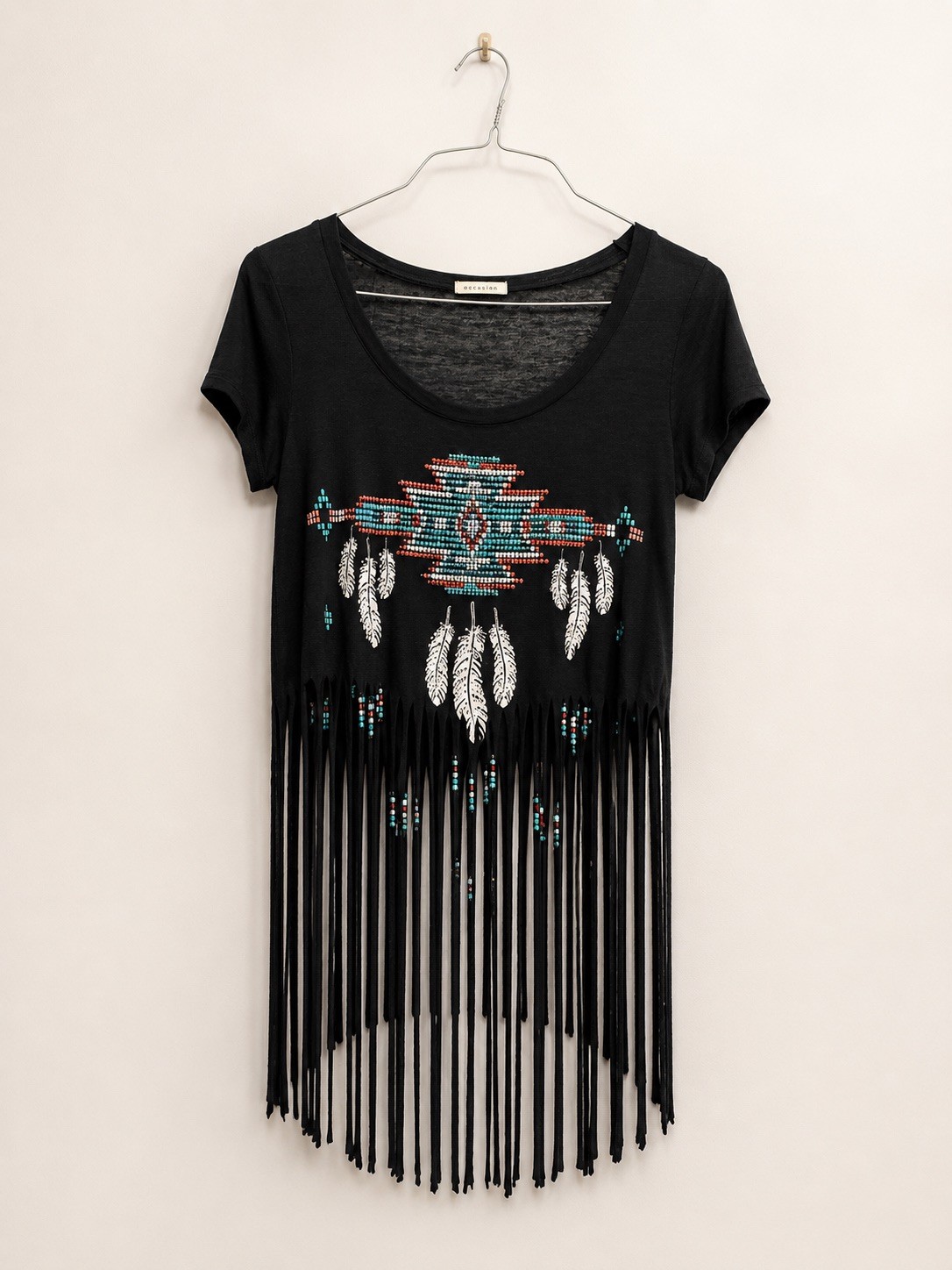 Occasion Medium Black Fringe Top Southwestern Rhinestone Feather Design Boho EUC