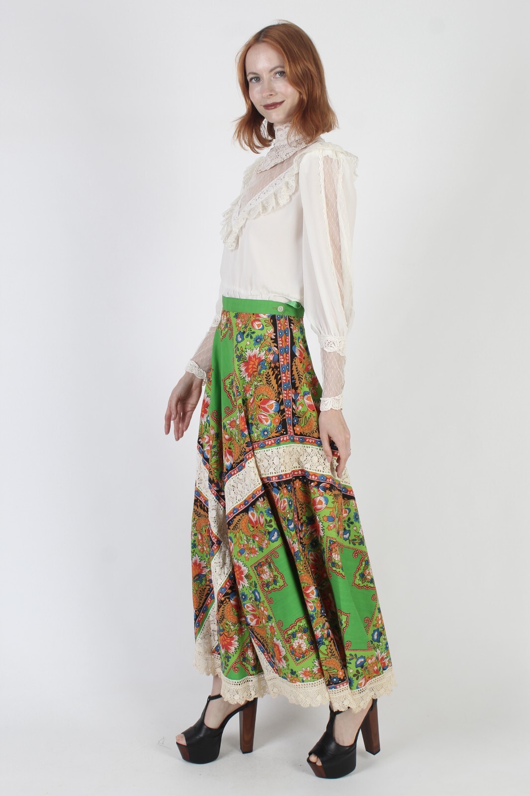 Vtg Long Full Skirt Paisley Handkerchief Hanky Sirt Crochet Maxi Bandana Hippie