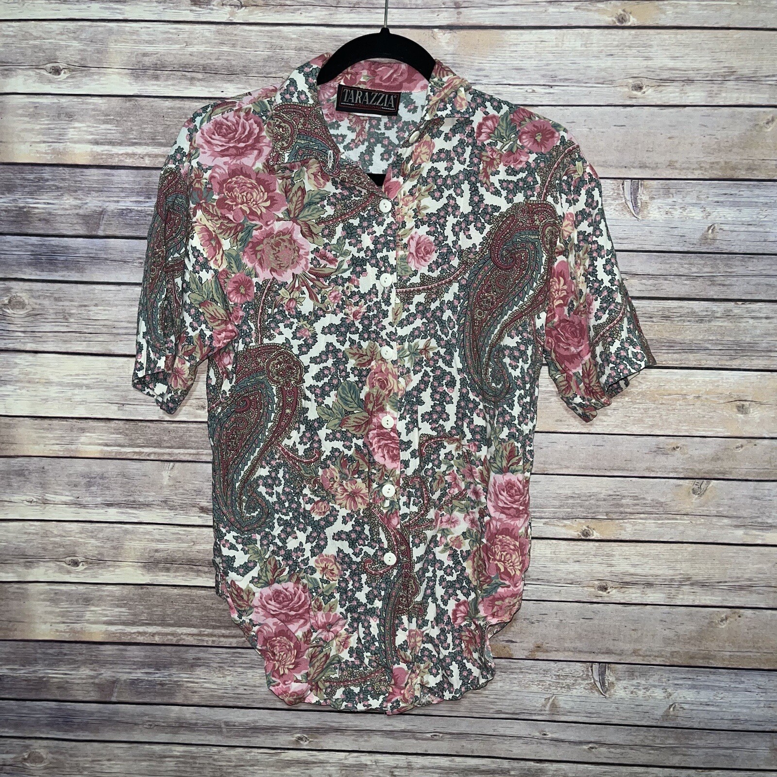 VTG 80s Tarazzia Sport Button Up Shirt Womens S Pink Blue Paisley Print