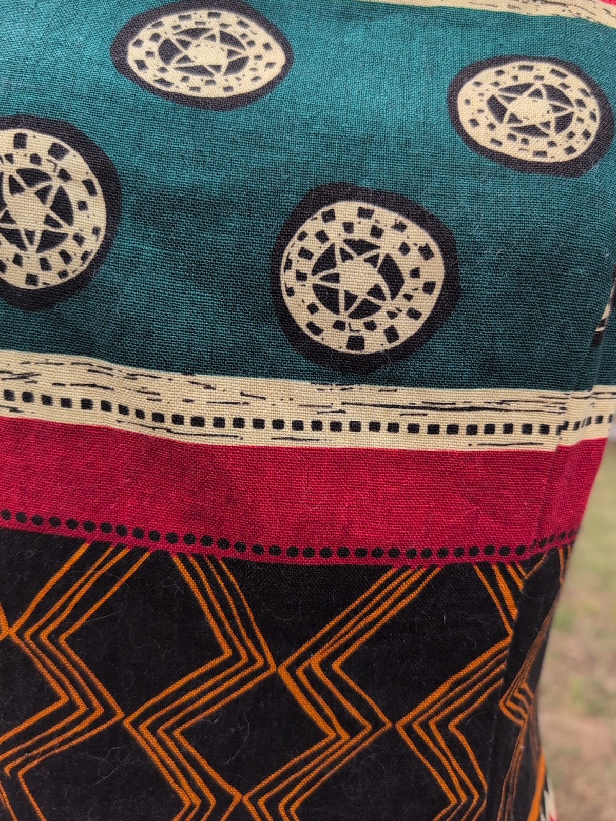 EUC VINTAGE ANDREA JOVINE LINEN SPAGHETTI STRAP SHEATH DRESS TRIBAL PRINT SIZE 4