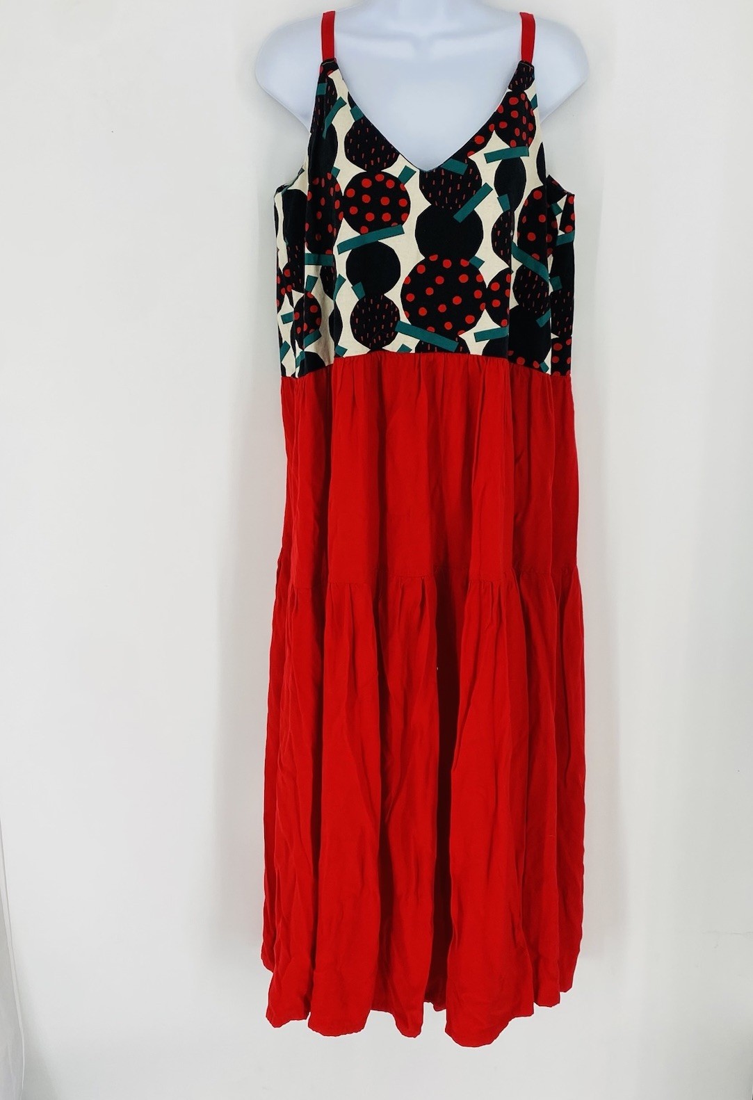 Vintage Handmade V Neck Maxi Dress Red Modern Print Tiered Skirt Size L