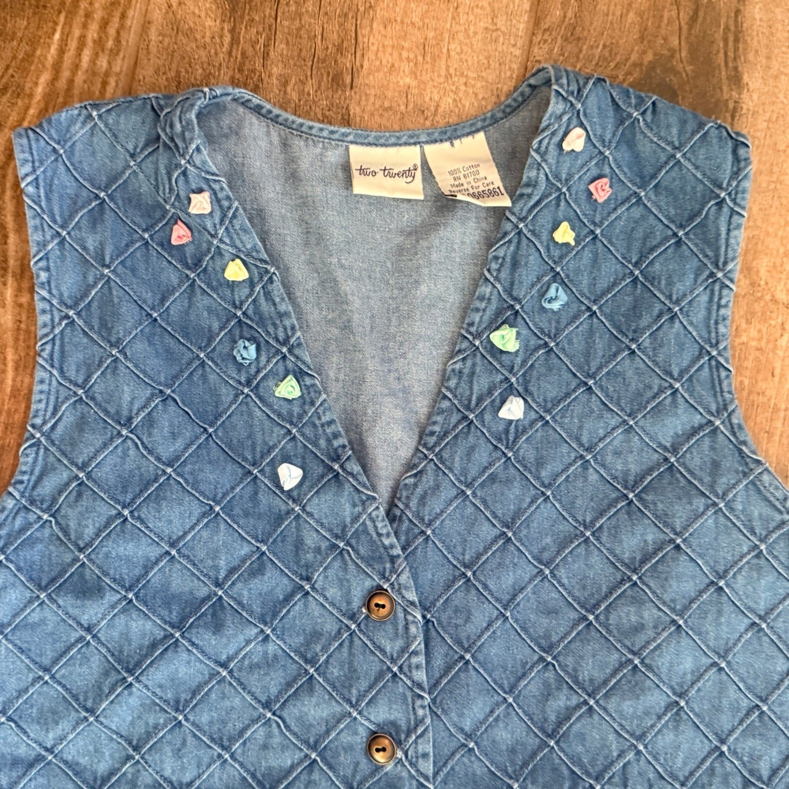 Two Twenty Women’s Vintage Rosette Detail Denim Quilted Vest, Blue Pastels,M