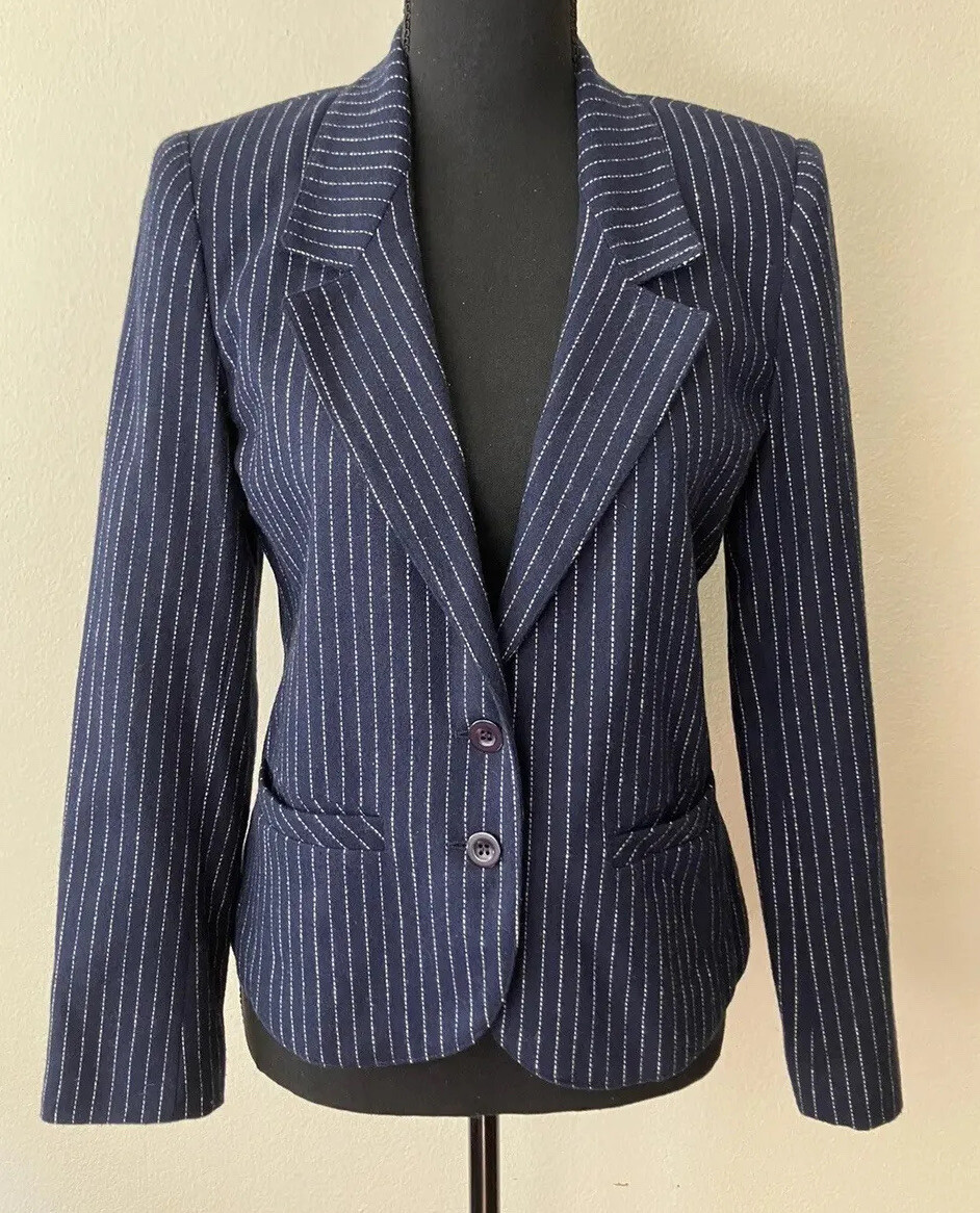 Vintage ‘80s Collegetown Navy Blue Striped Blazer w/ Tulip Hem Wool Bl. ILGWU XS