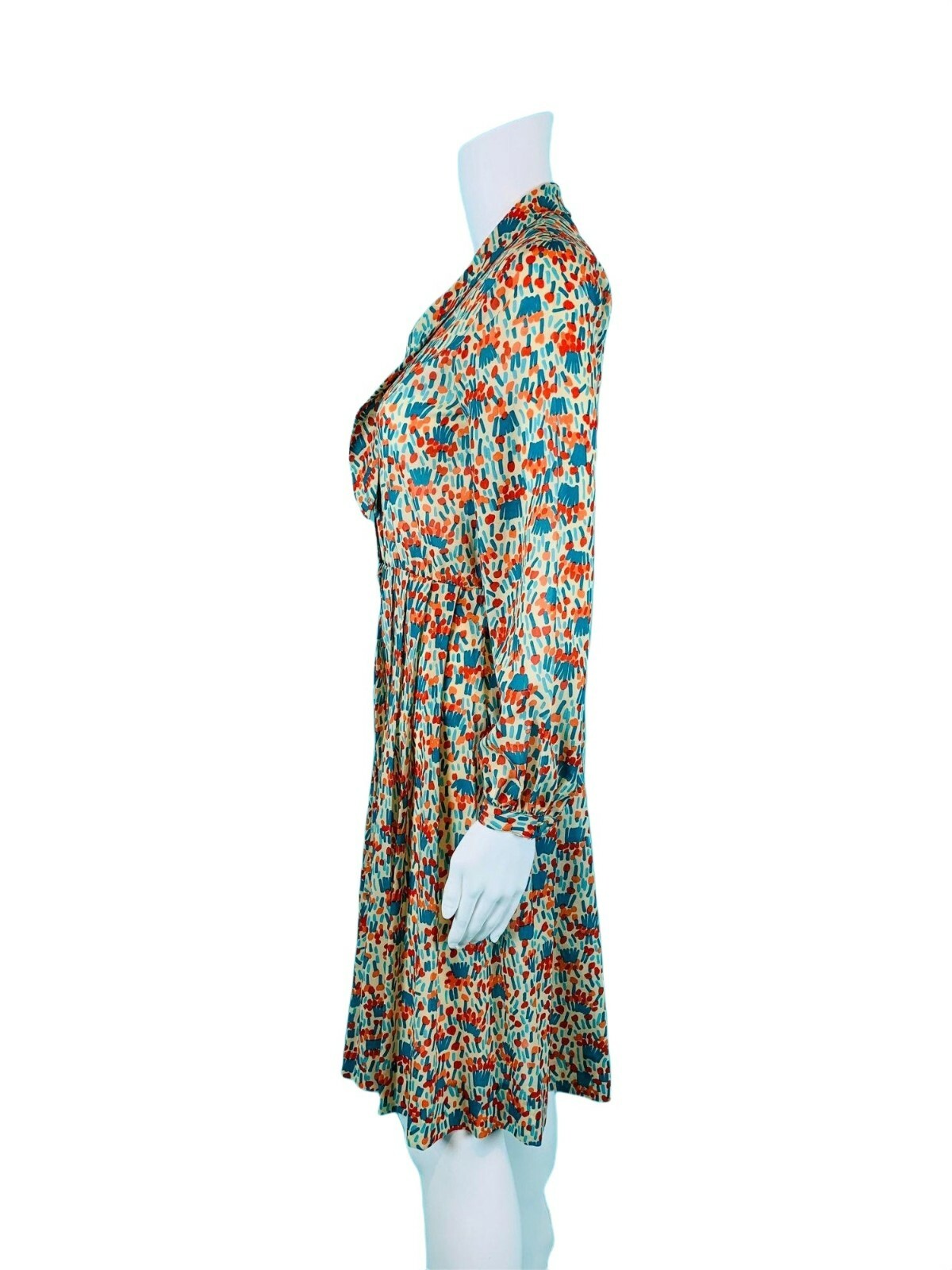 Vintage 1980s Silk Shirtdress Necktie Red Orange Blue Artistic Printed Dress