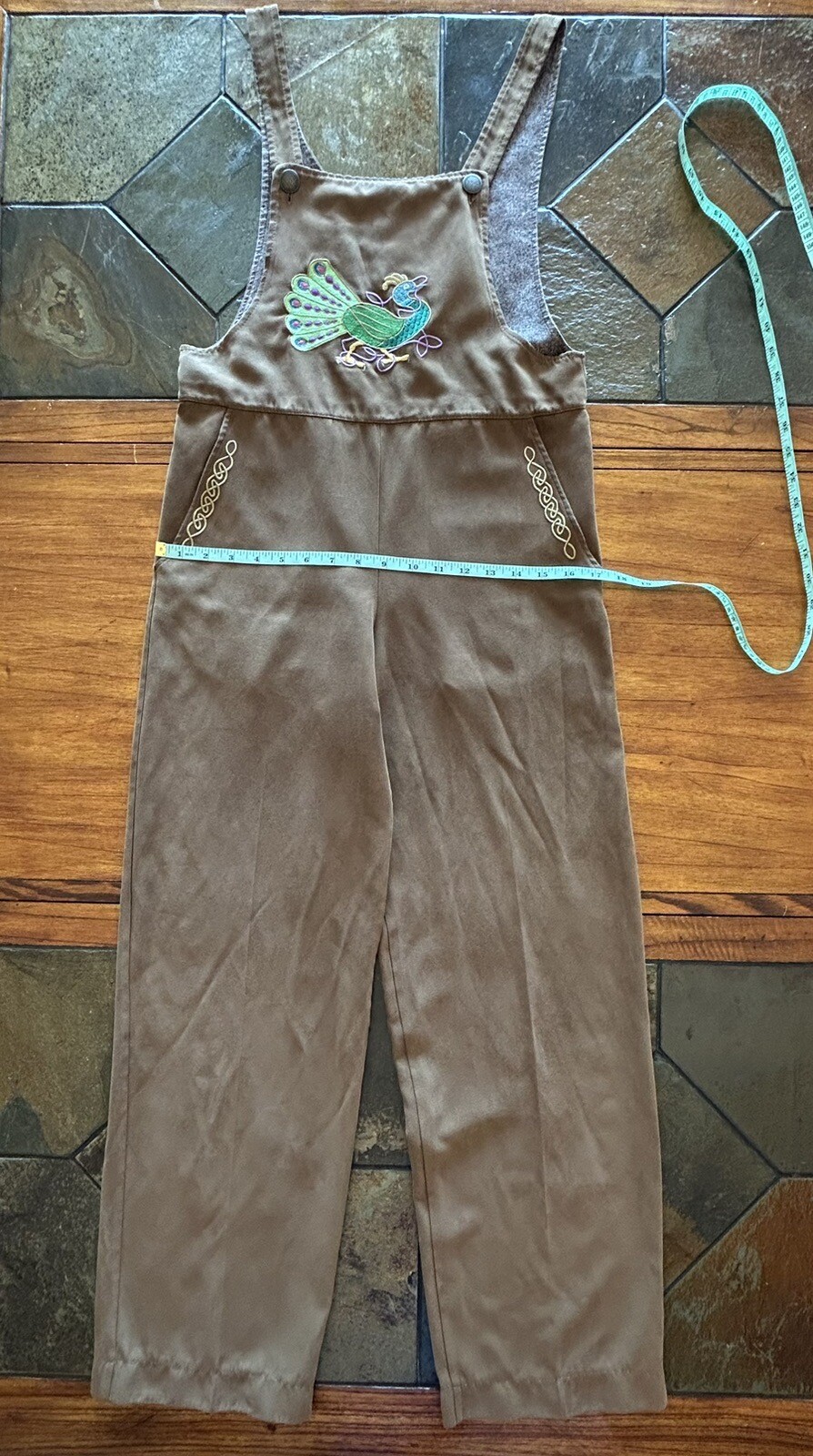 Vintage PEACOCK Embroidered Unique Handmade Bib Overall Boho Pants XS 28” Inseam