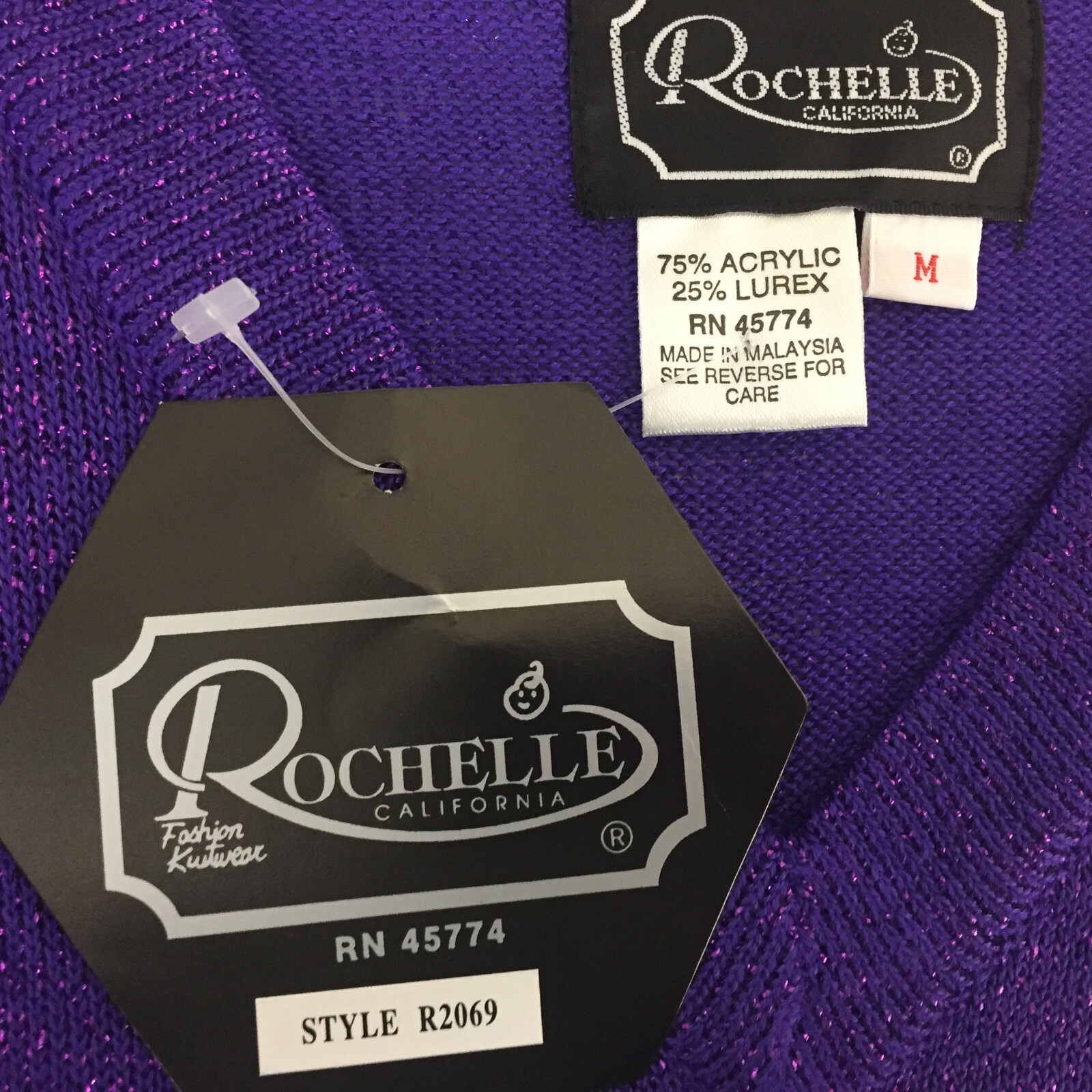 NEW VTG Rochelle California Sweater Size Medium Shoulder Pads Pinup Retro Purple