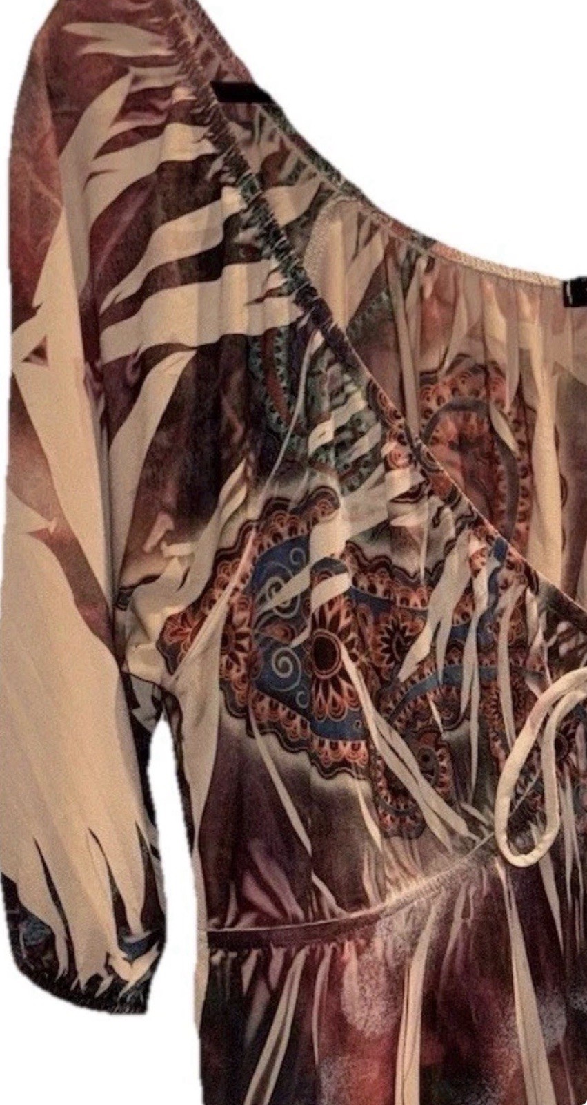 Women’s Large Top Boho Y2K Mandala Print V Neck Tunic Brown Tan Rust Blue Blouse