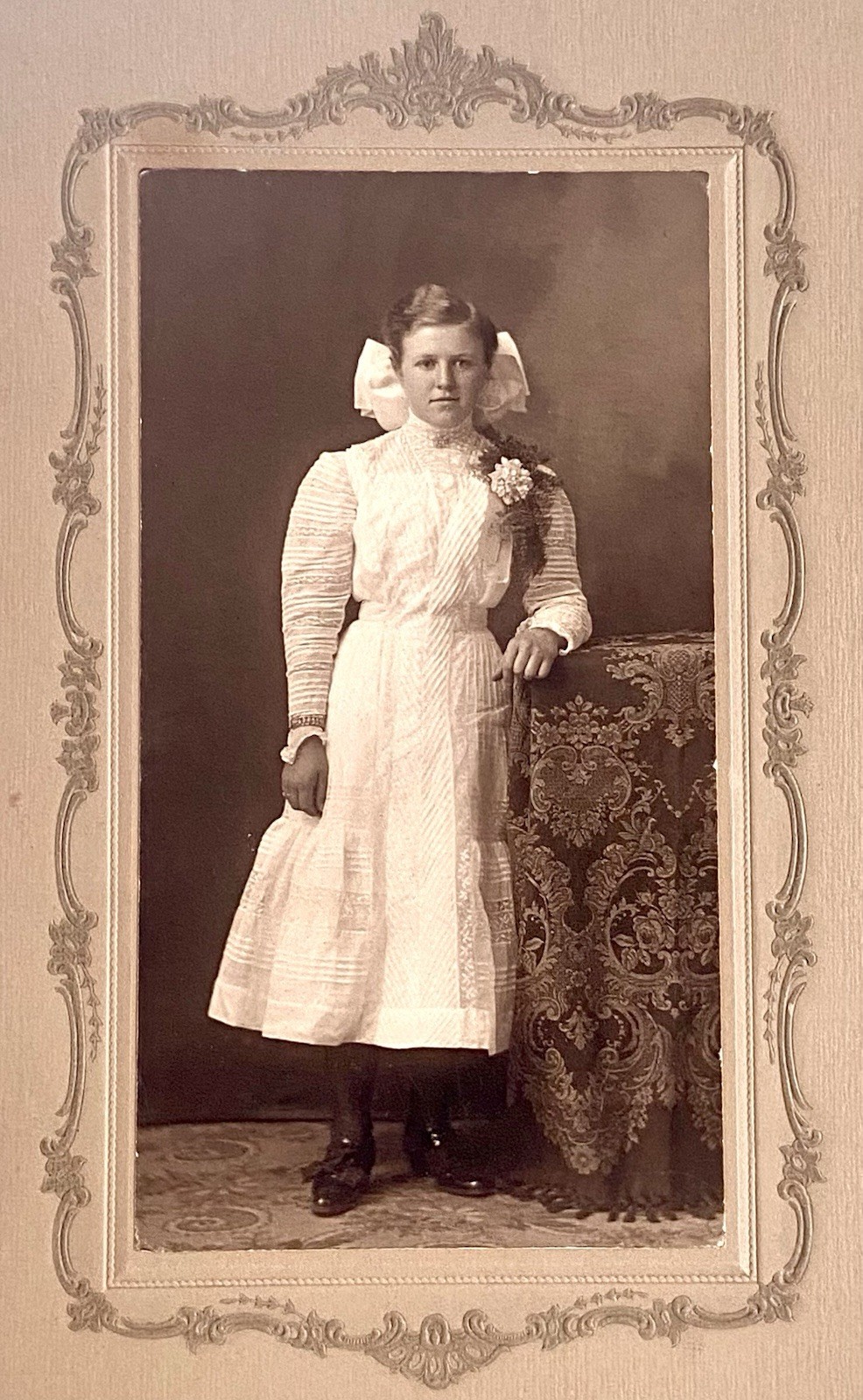1907 Antique Embroidered Edwardian Era White Muslin Lace Dress “Hazel Slifir” 13