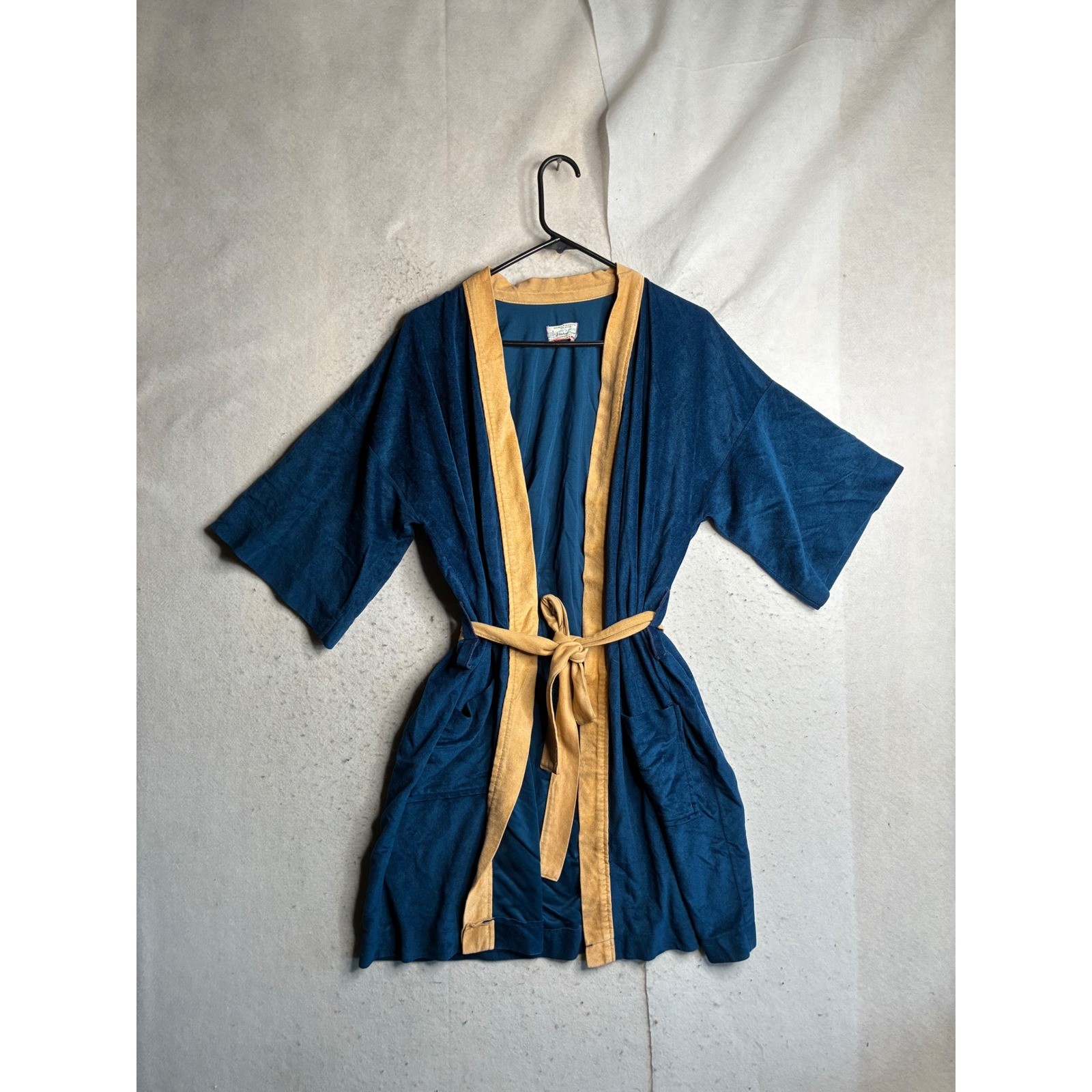Vintage His N Hers Blue Arnel Triacetate Velvet Robe Tan Trim One Size Fits All