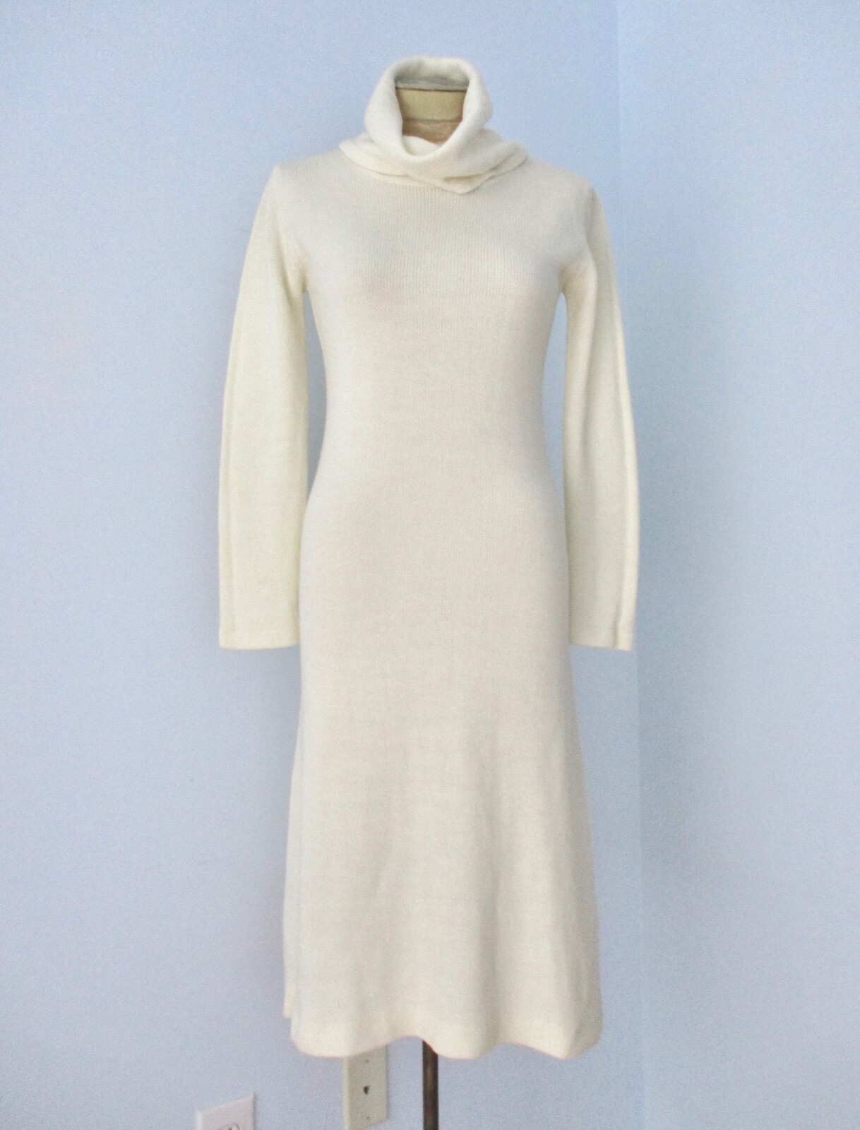 Vtg 70s Ivory 2-Pc Disco Cowl Neck Sweater Dress Blue Tribal Stripe Tunic Vest 8