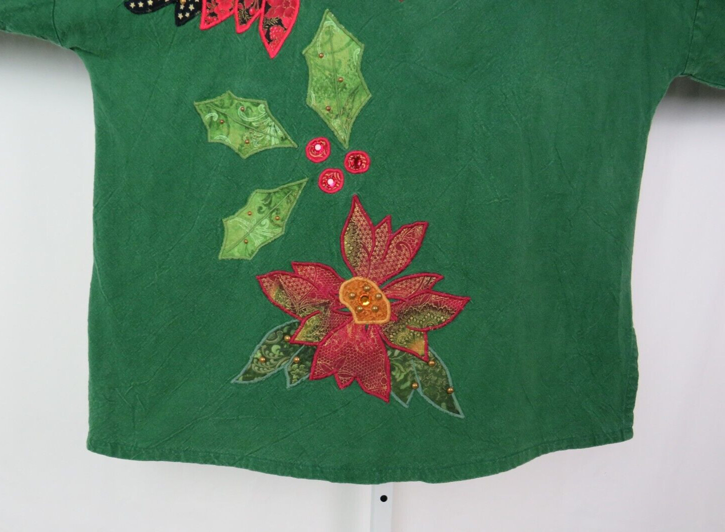 VTG 1970s 80s ALFREDO’S WIFE GREEN COTTON BOHO HIPPIE SMOCK TOP TUNIC POINSETTIA