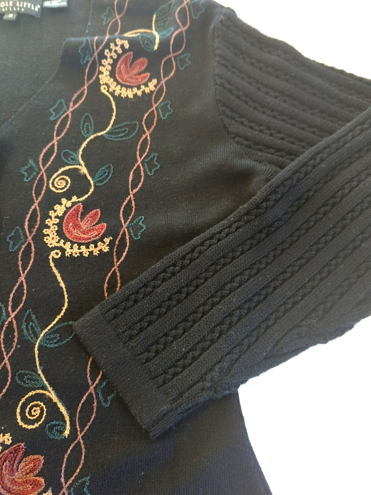Vtg Embroidered Midi Sweater Dress M Blk Button Up Art to Wear Boho Chic Stylish