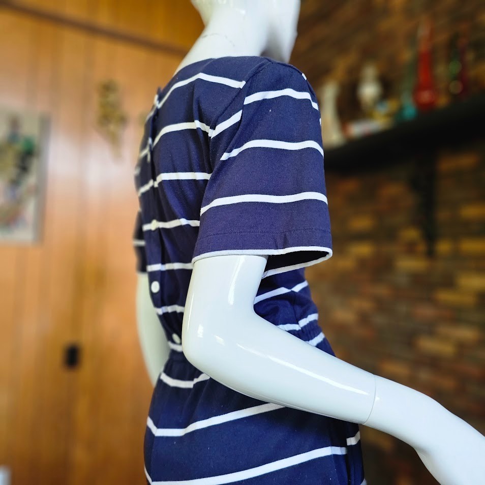 Vtg 90s Preppy Momcore Stripe Navy Playsuit Shorts Mini Dress T-Shirt Romper S/M