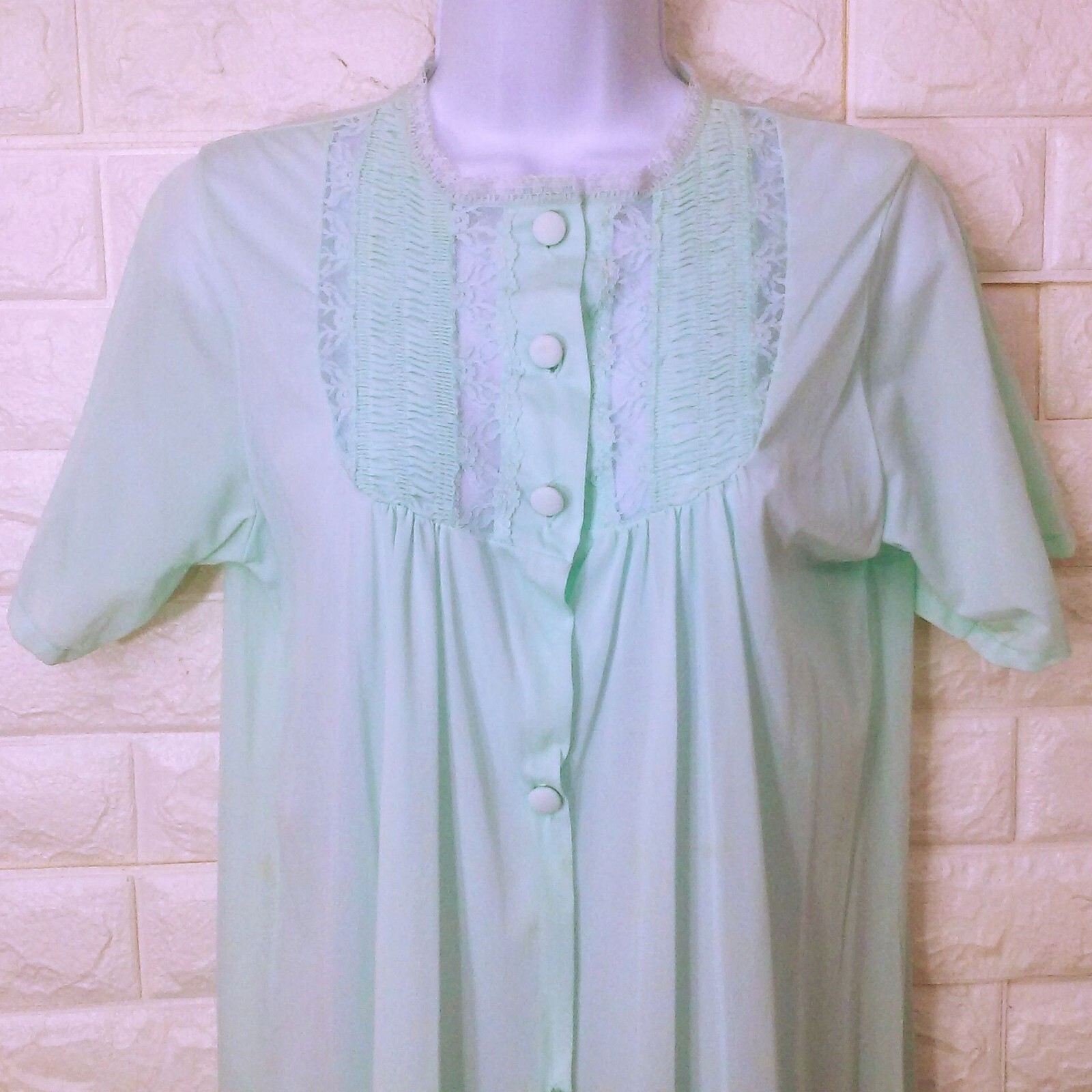 Vintage 80s Danni Dressing Gown Robe -L Pocket Ruched Lace Buttons SSL Nylon