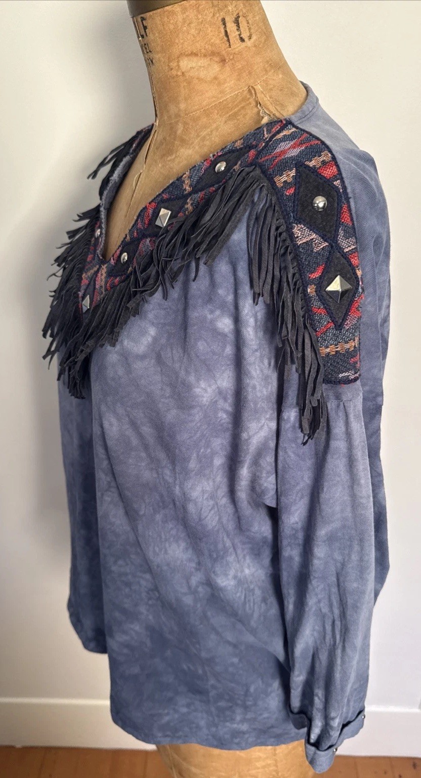 Vintage 90’s Tie Dye Fringe Studded Western T-Shirt Cotton Cowgirl Rodeo O/S