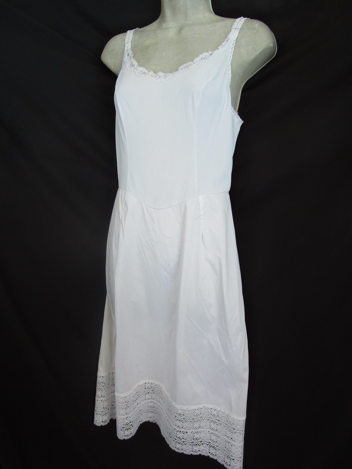 Vtg White Full Slip Dress Nightgown Filet Crochet Snip-It Trim Lace Noisy Nylon