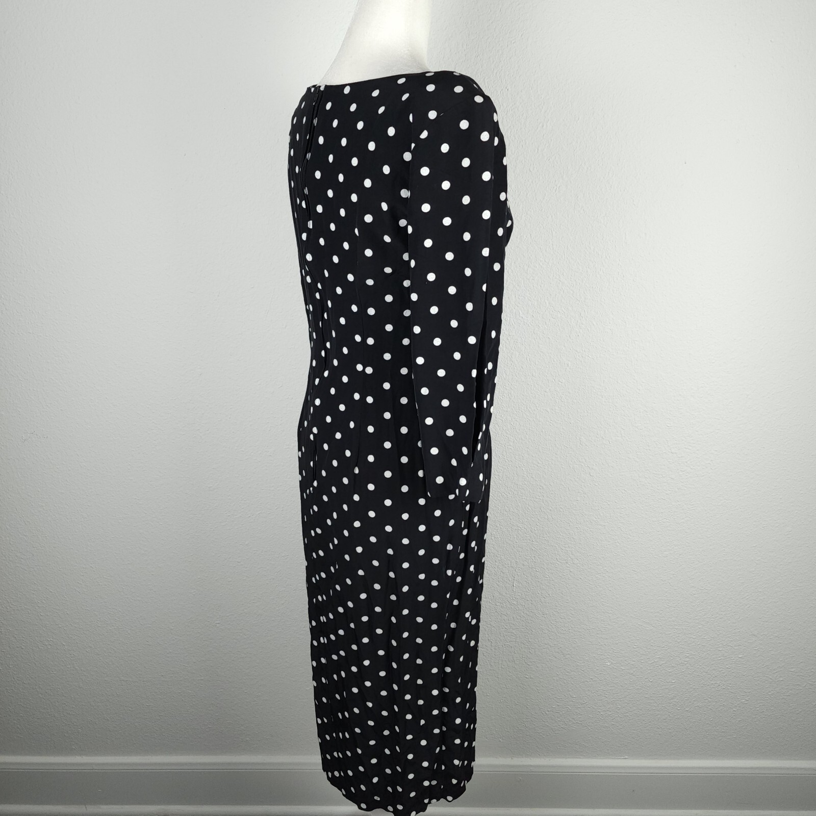 Vintage 80s 1940s DiamondsRun Black White Midi Pencil Dress Long Sleeve PolkaDot