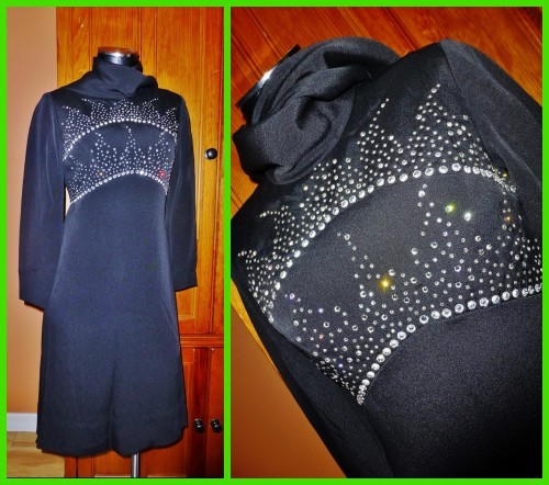 Vtg 1960s PAT SANDLER Rhinestones jersey Knit Evening cocktail Black DRESS Shawl