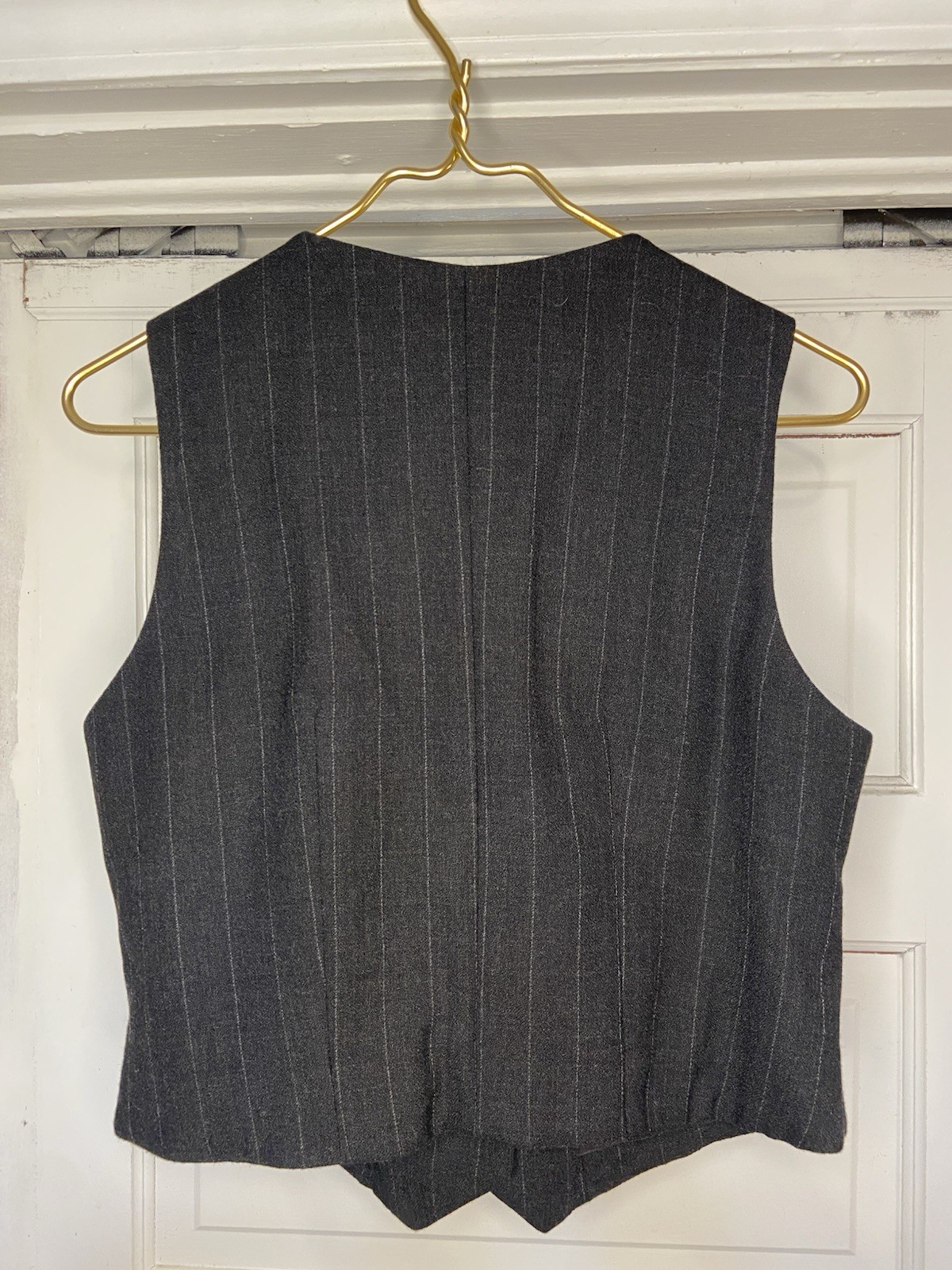 VTG Alberto Makali Wool Vest Genuine Leather Trim Pinstripe Waistcoat Womens S 8