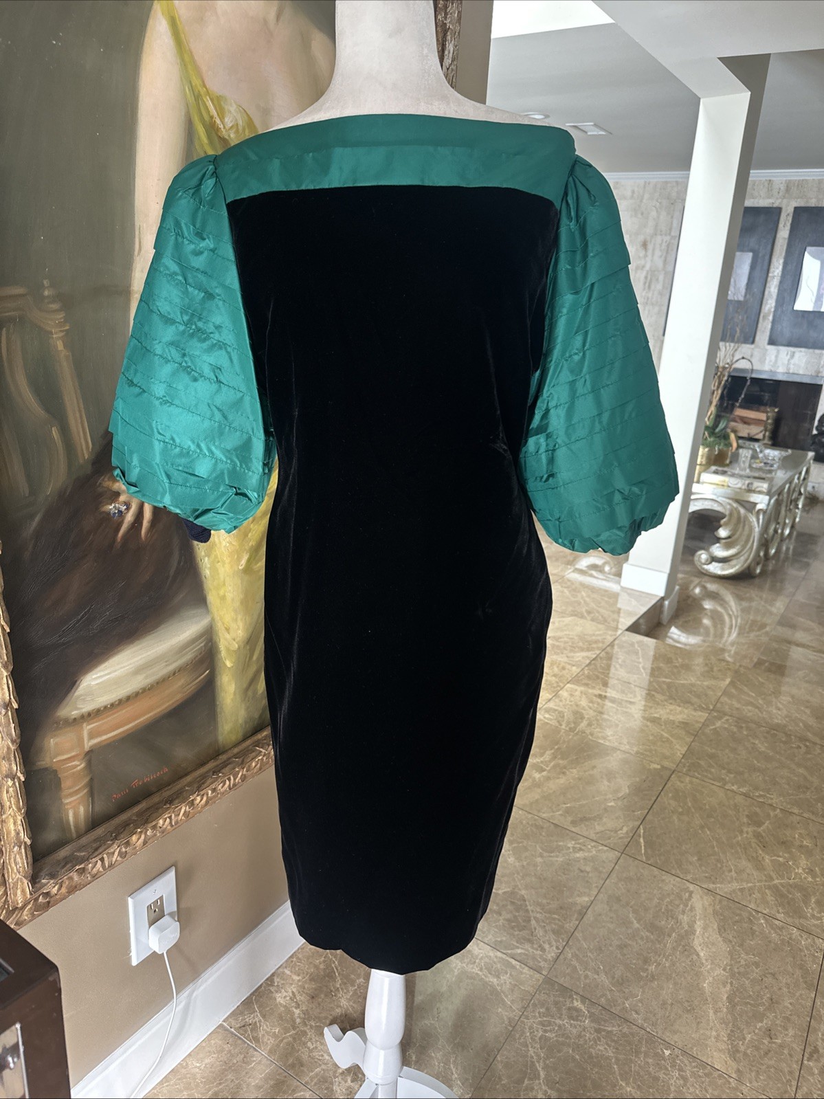 Nina Ricci Haute Boutique 70s Black Velvet & Green Taffeta Cocktail Sheath 42