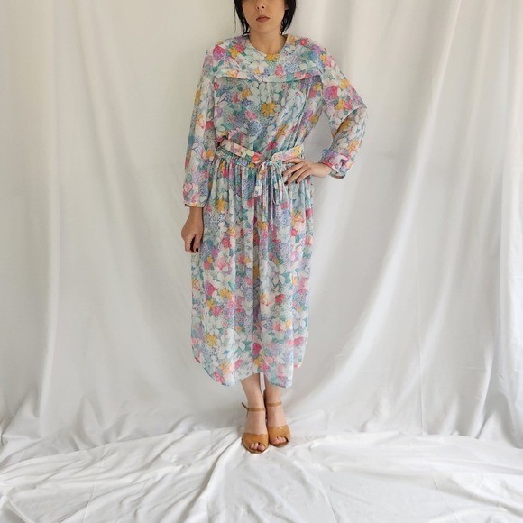 70s/80s Blue, Pink, and Orange Floral Midi Dress