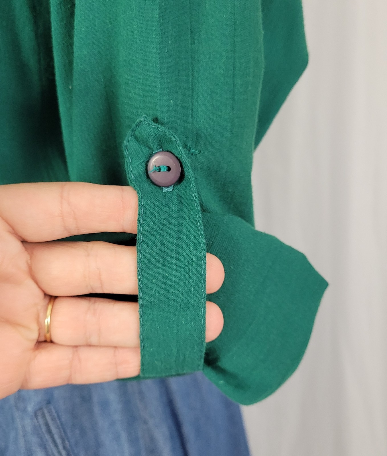 Vintage Tapestry Green Button Down Shirt w Lace Accented Yoke & Pocket Size PM
