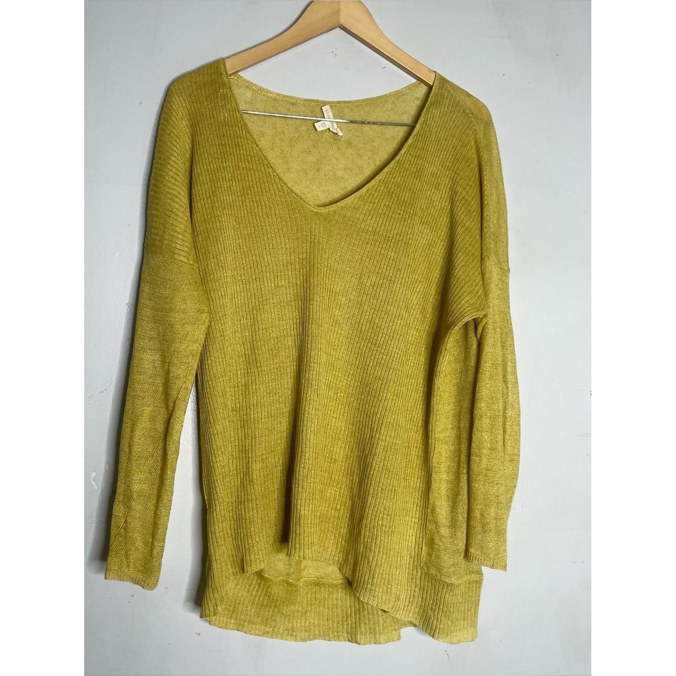 Eileen Fisher Yellow 100% Linen V Neck Sweater Size Medium