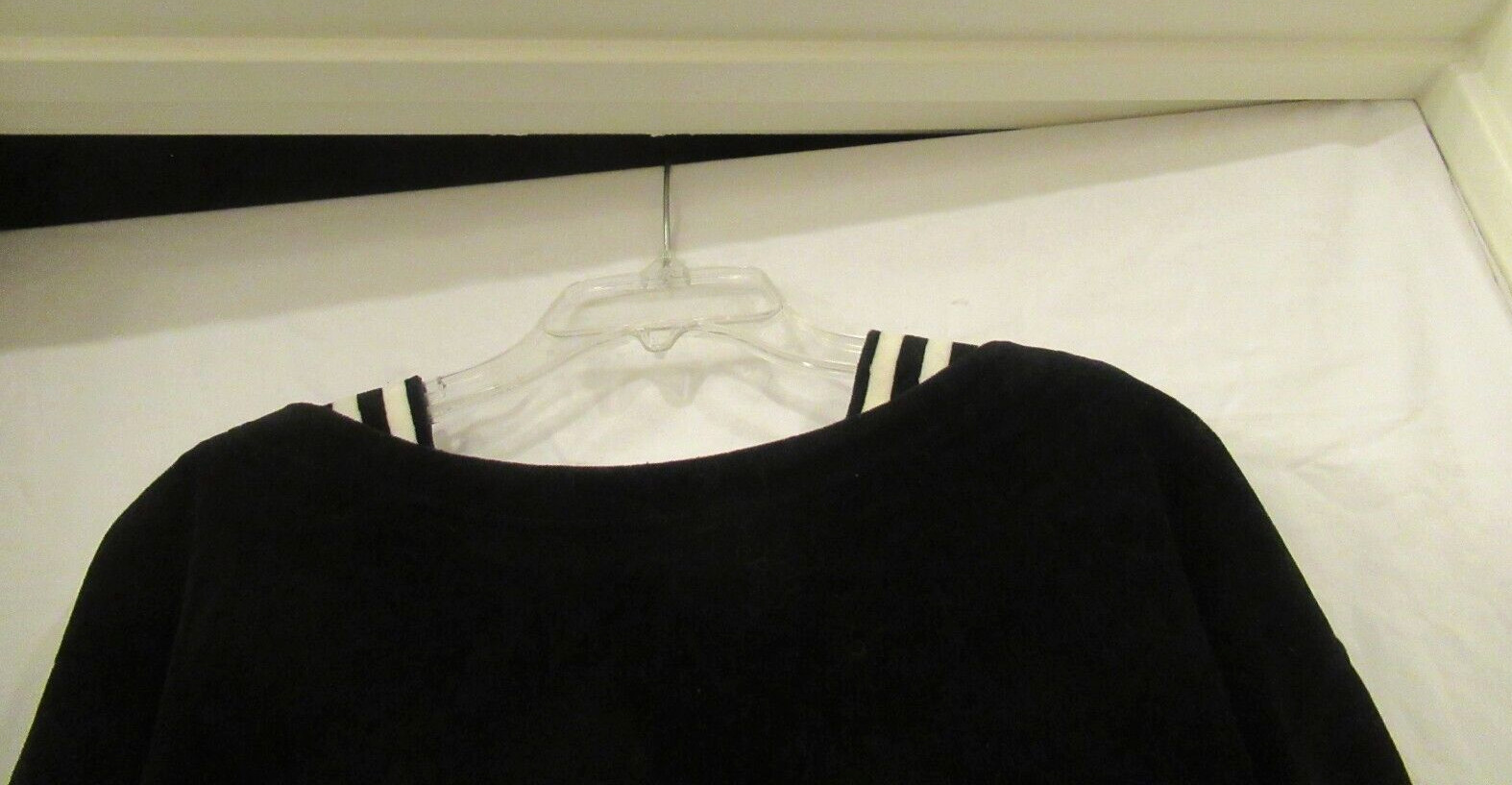 Chaus Sport black velour top with black and white trim, 40″ chest, c. 1980s