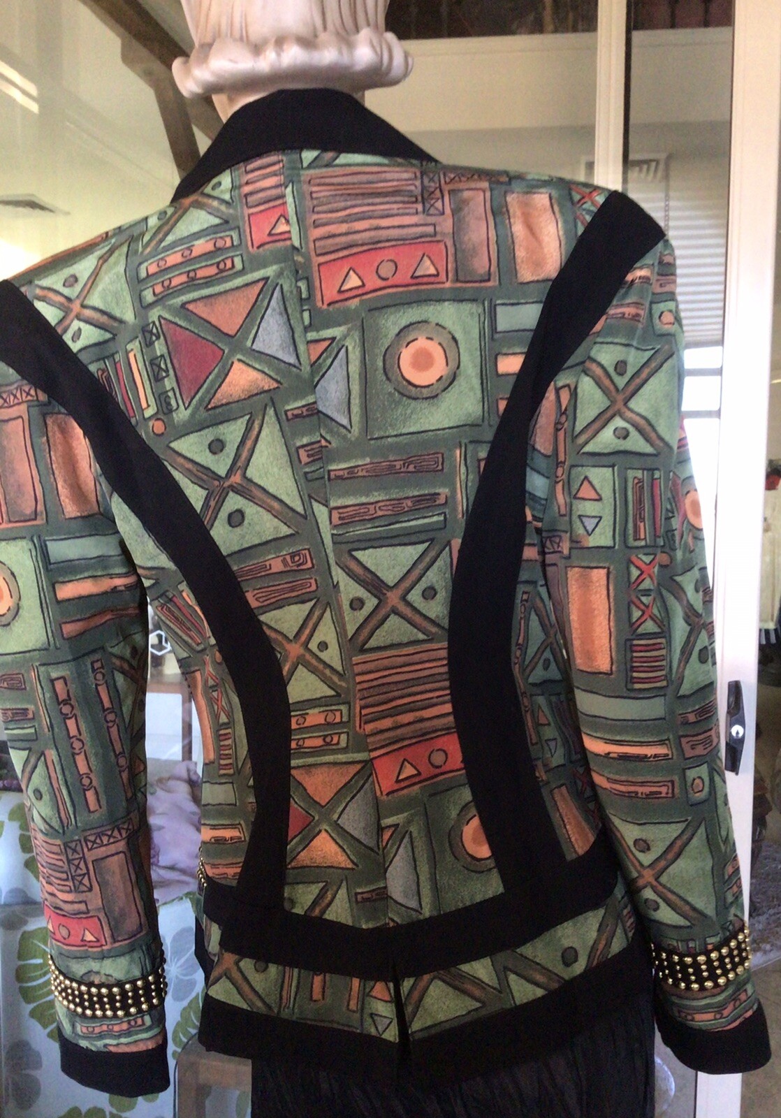Vtg 80s Green Geometric Print Asymmetric Wasp Waist Gold Stud Peplum Jacket 10