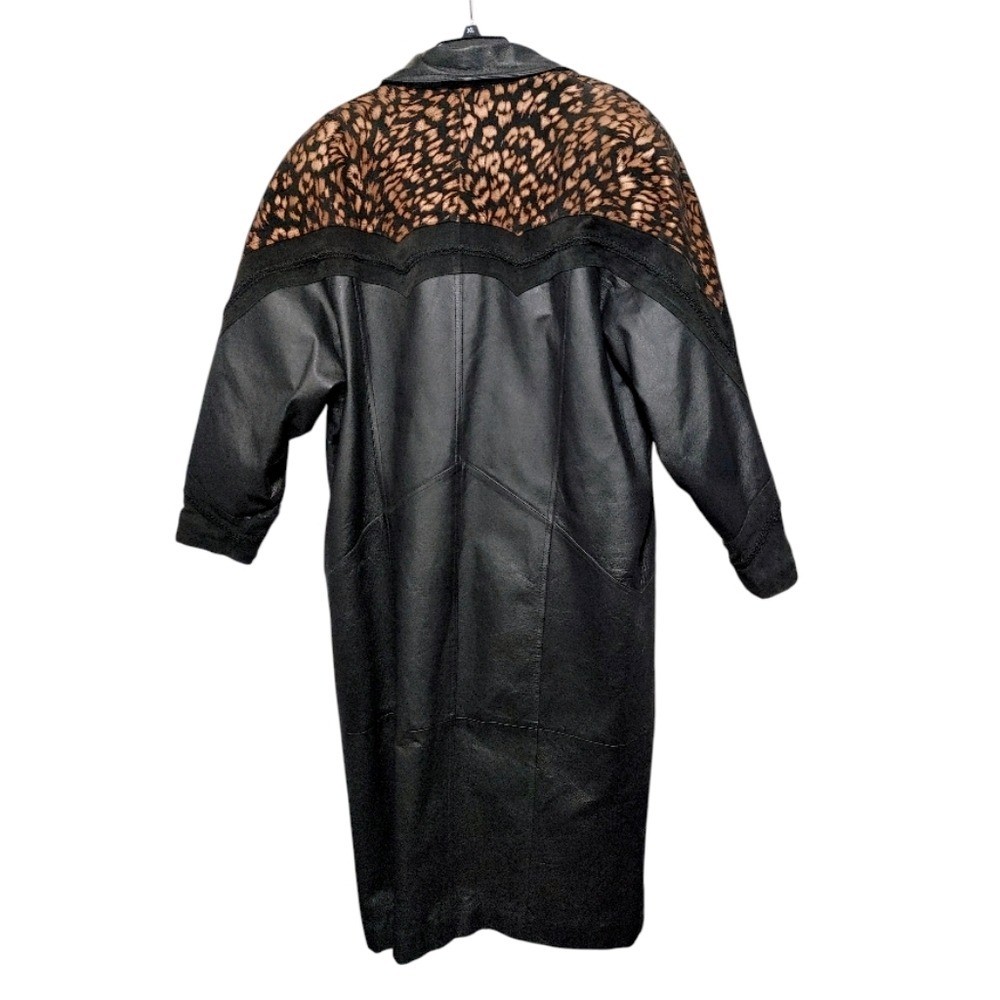 Vintage 80s JF J Ferrar Black Leopard Print Leather Suede Trench Coat Size Large