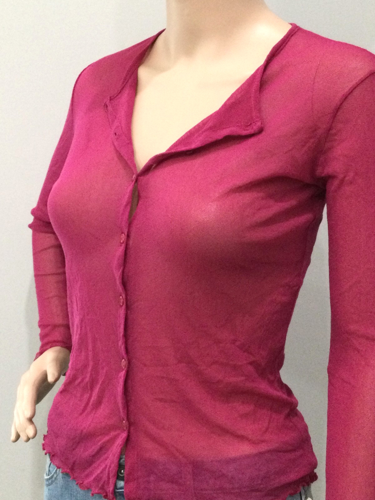 Vintage Hanky Panky NWT Sheer Mesh Cardigan Pink Button Front Lettuce Hem S Y2K