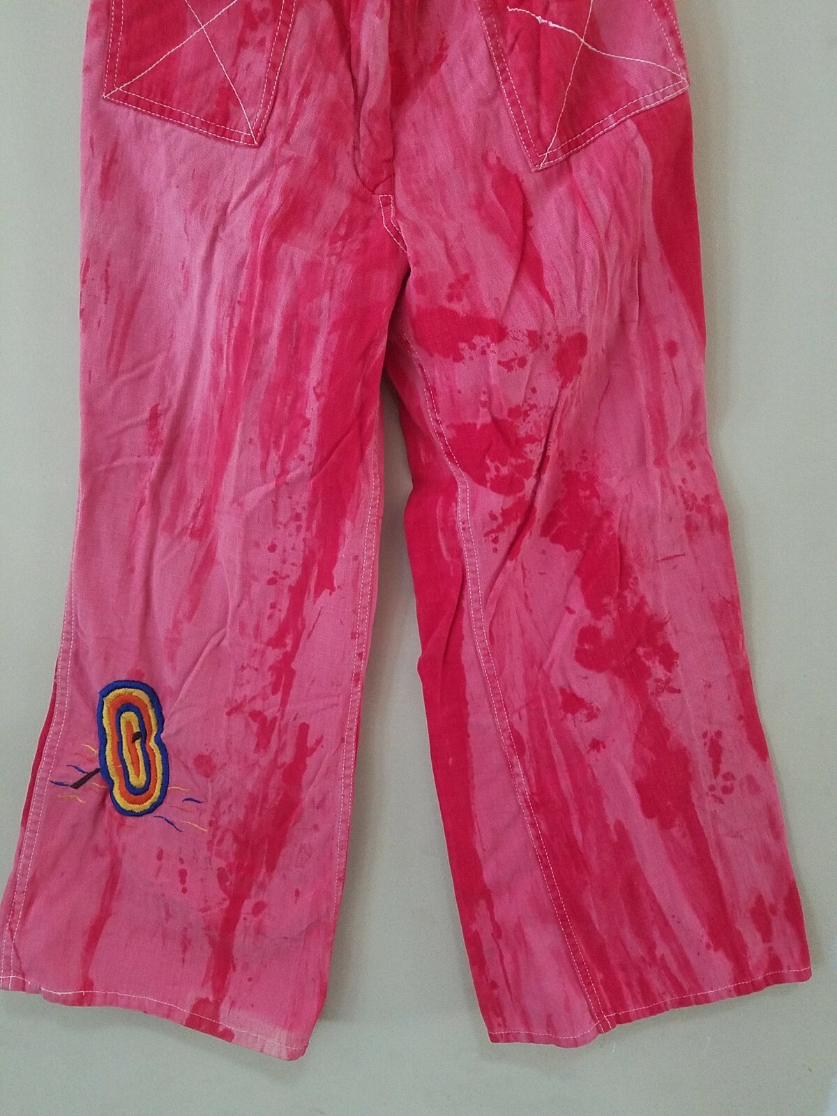 Vintage 70s Red Tie Die Wide Leg Jeans w/embroidery, Youth/Teen size 28″ x 26″