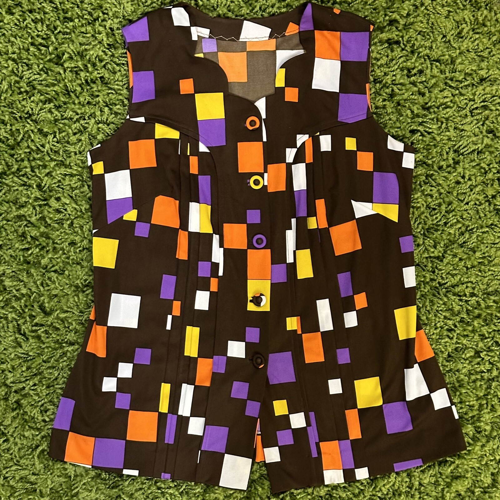 vintage 60s 70s brown, purple, orange, yellow & white button up tank top blouse