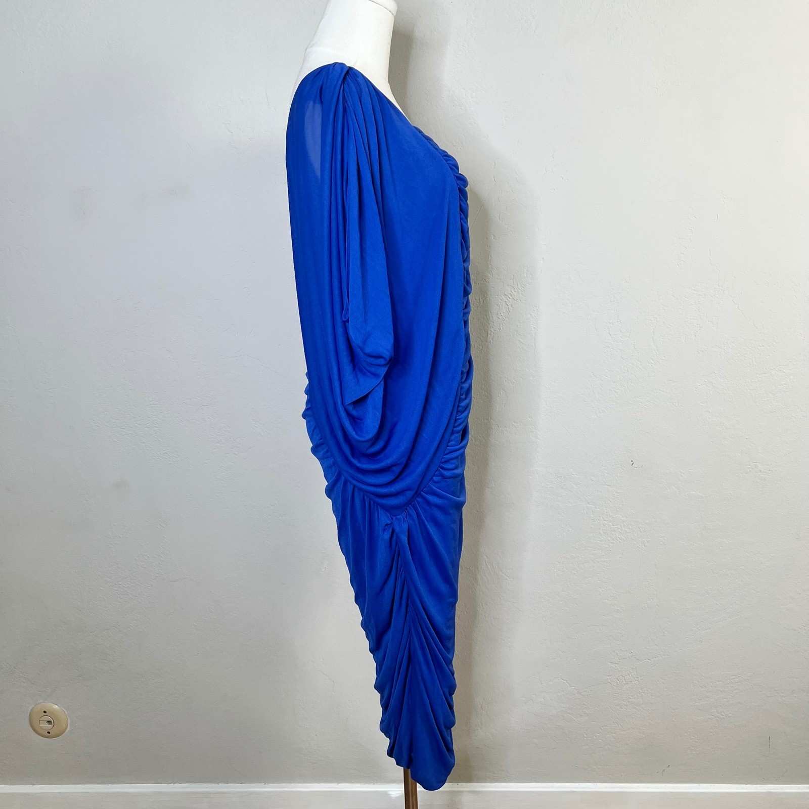 Vintage Nancy Bracoloni ViJack Dress Ruched Midi Size 7-8 Blue Batwing Drape 80s