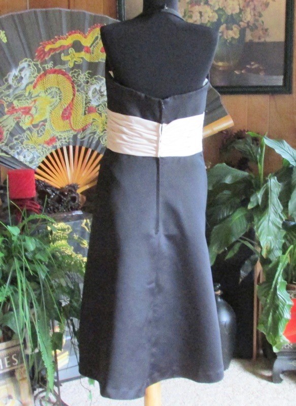 VTG Saison Blanche Black Brushed Satin Short Halter Dress Tan Cummerbund SZ 12