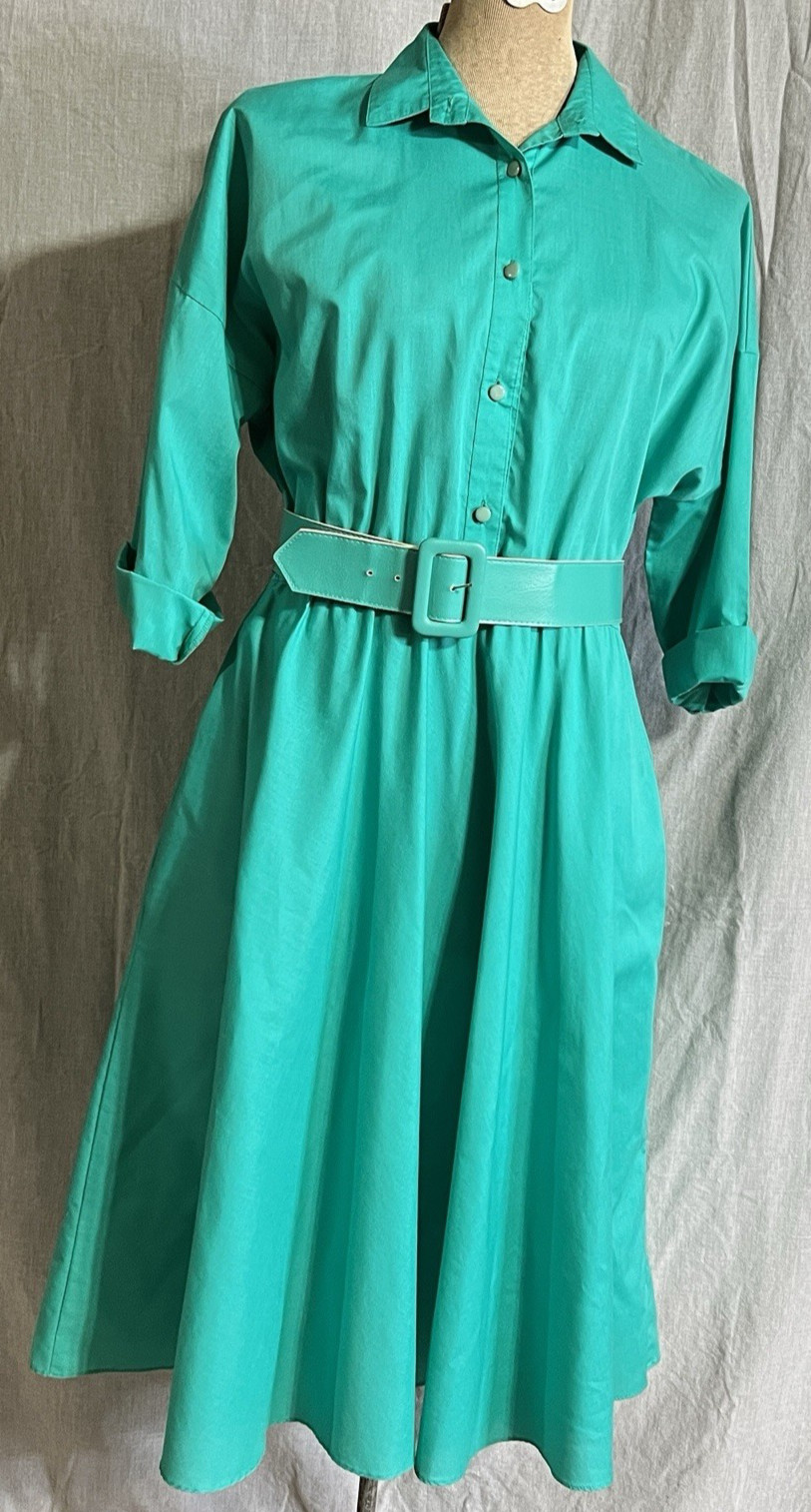 Vintage 80s Teal Green Shirt Dress with Pockets – The American Shirt Dress 13/14