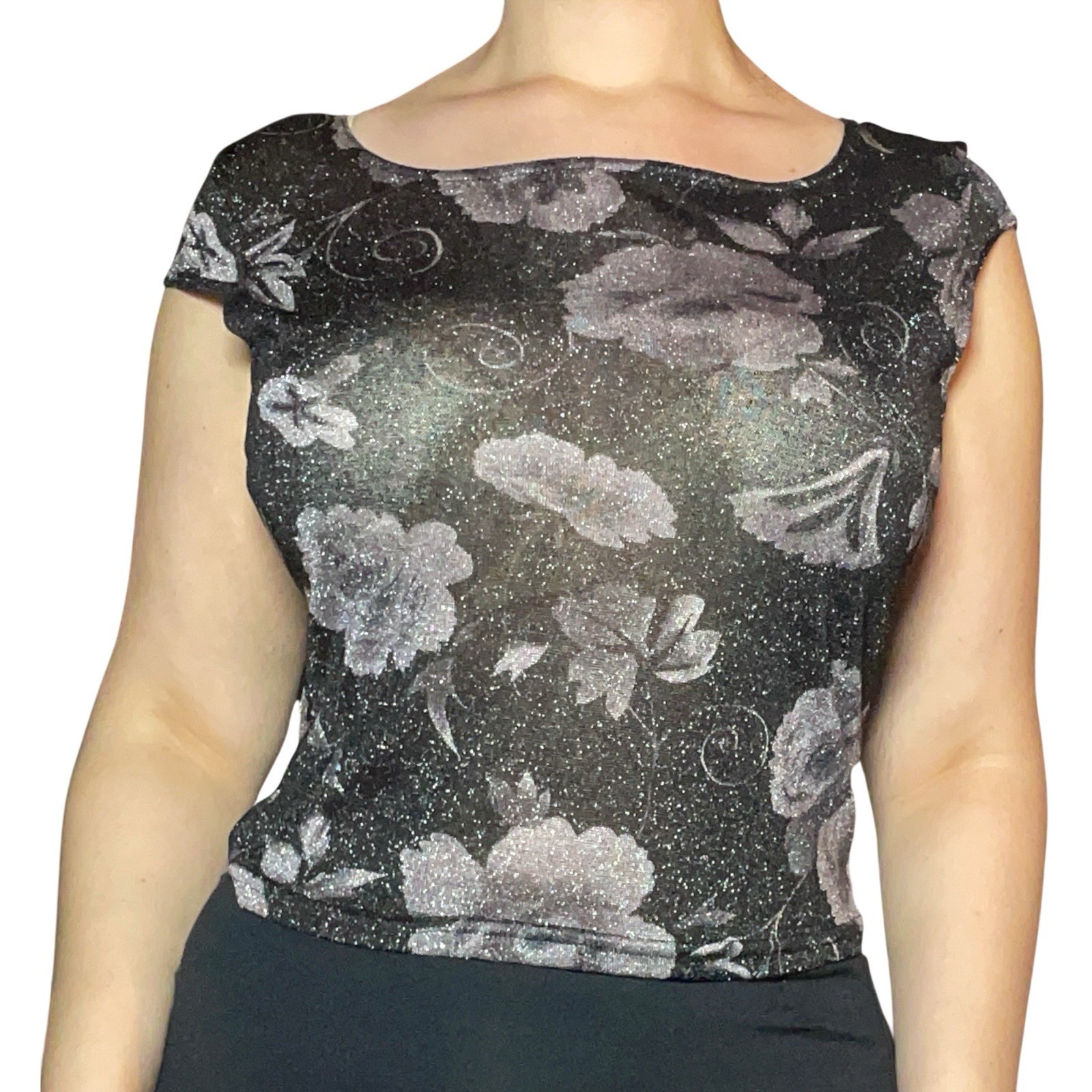 Vintage Wanted Sparkly Black And Grey Floral Top Size Large