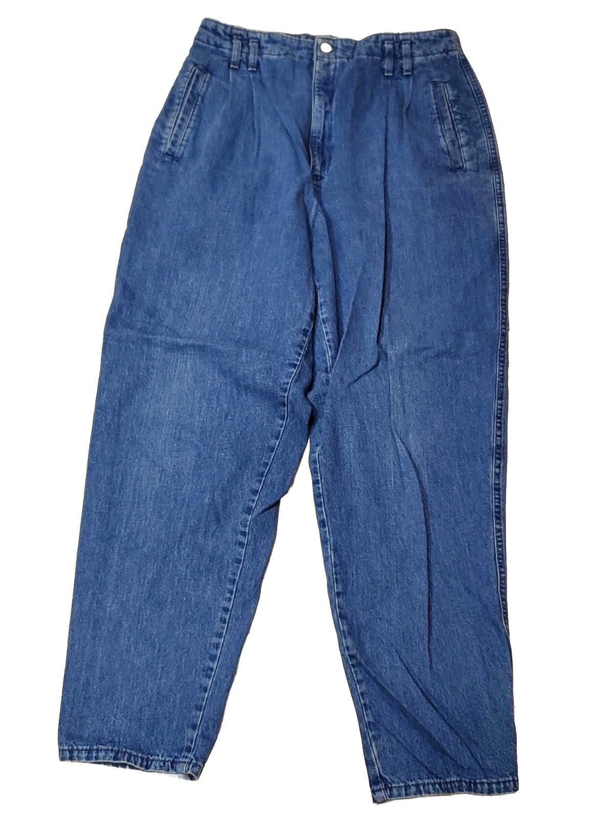 DOCKERS Blue Denim Pant Pleated High Rise Mom Tapered Jean Womens 12 P USA Vtg