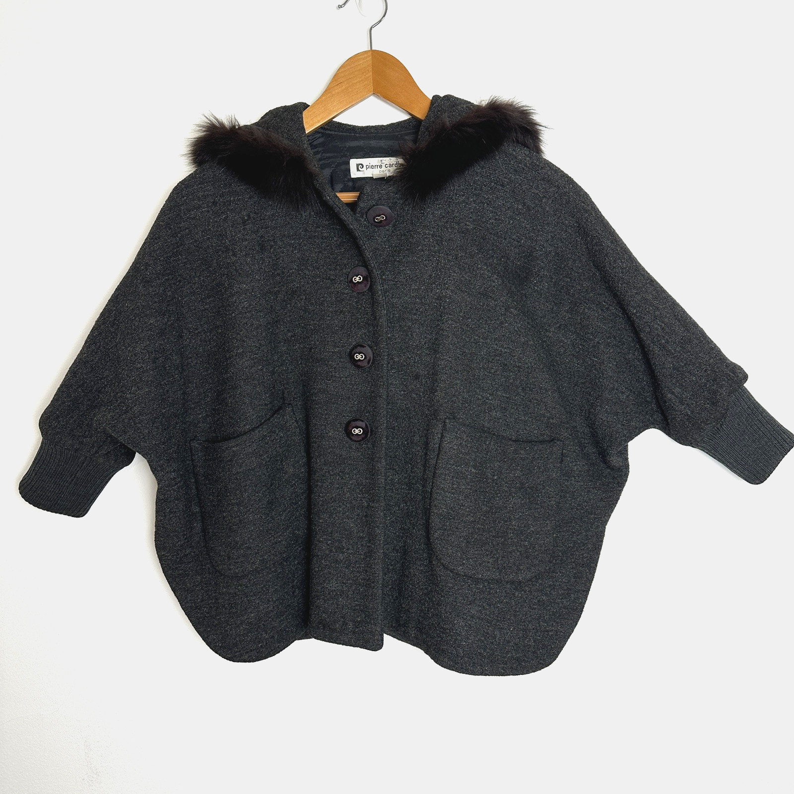 Vtg 1980s Pierre Cardin Womens Wool Cape Jacket Faux Fur Hood Korean Licensed