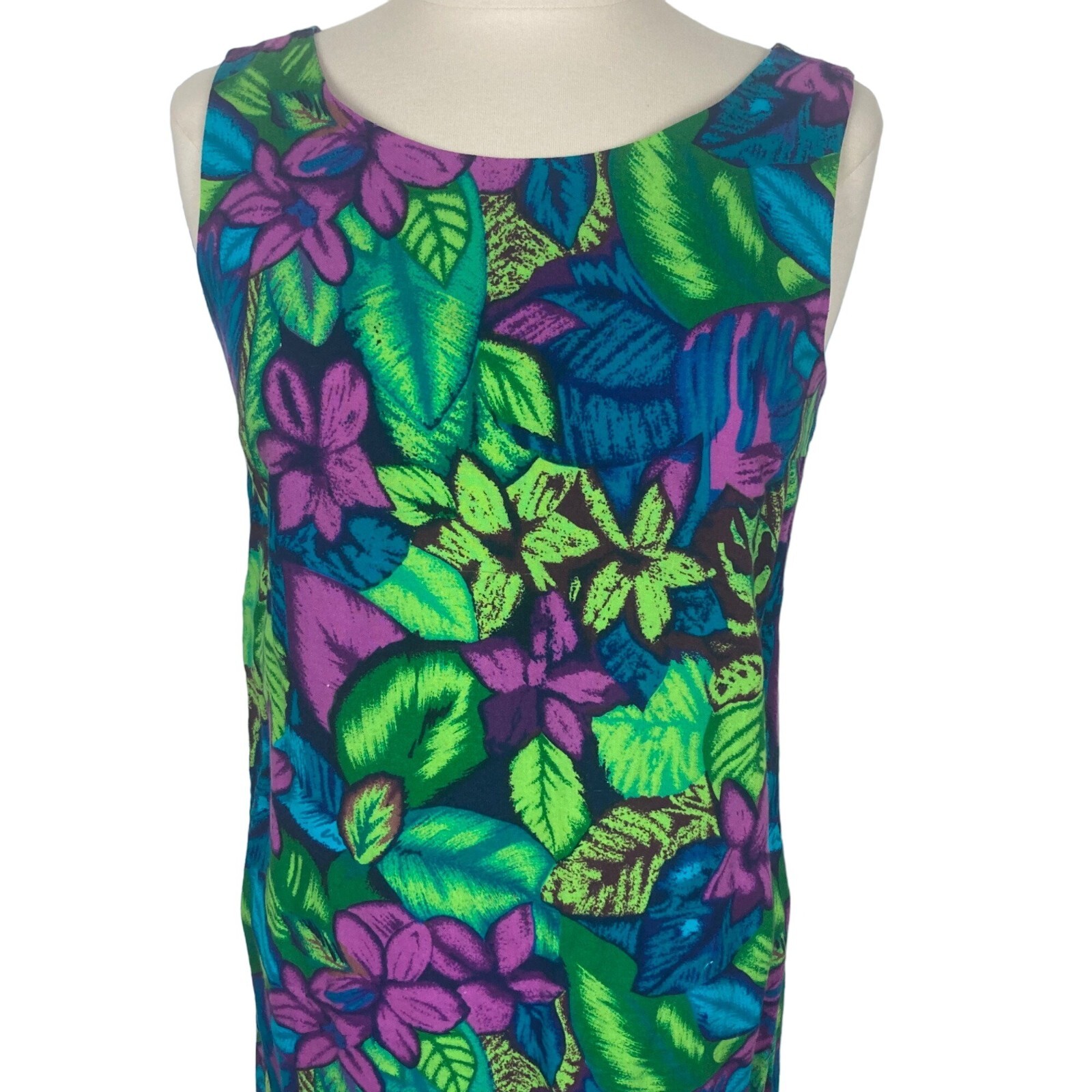Vintage Hawaiian Dress Womens Medium Floral Green Purple Sheath Tropical Beachy