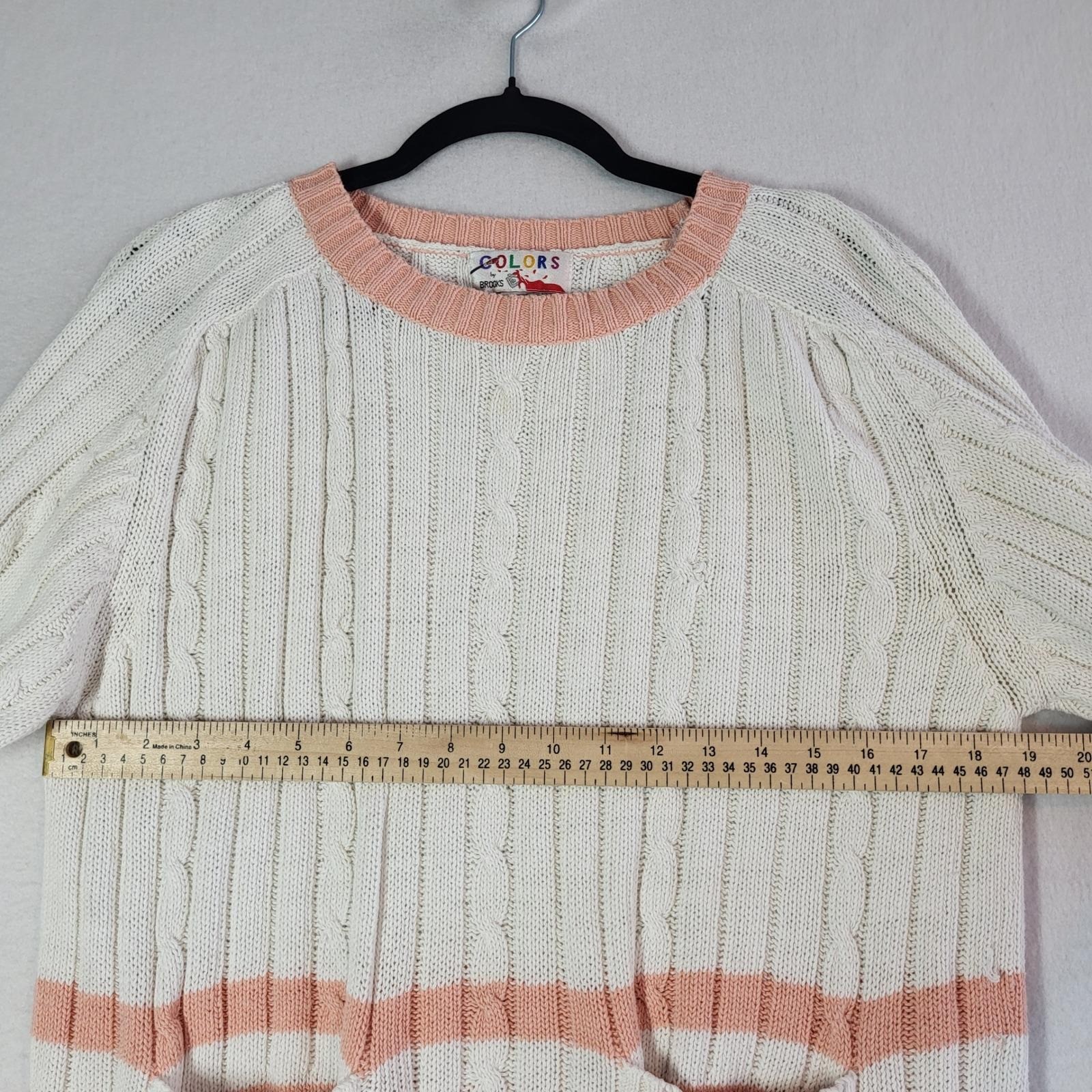 Vintage 90s Cable Knit Varsity Tennis Sweater Pink Cream Womens M Distressed