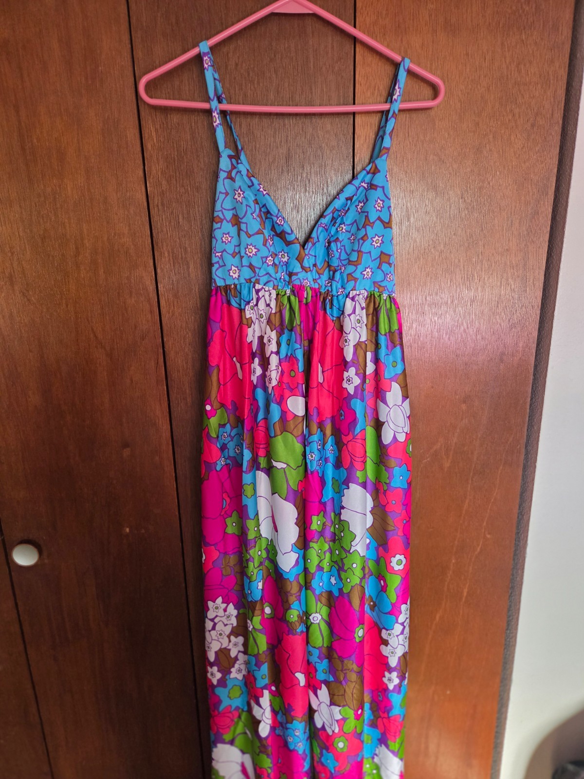 1960s Hot Pink and Blue Floral Maxi Summer Dress