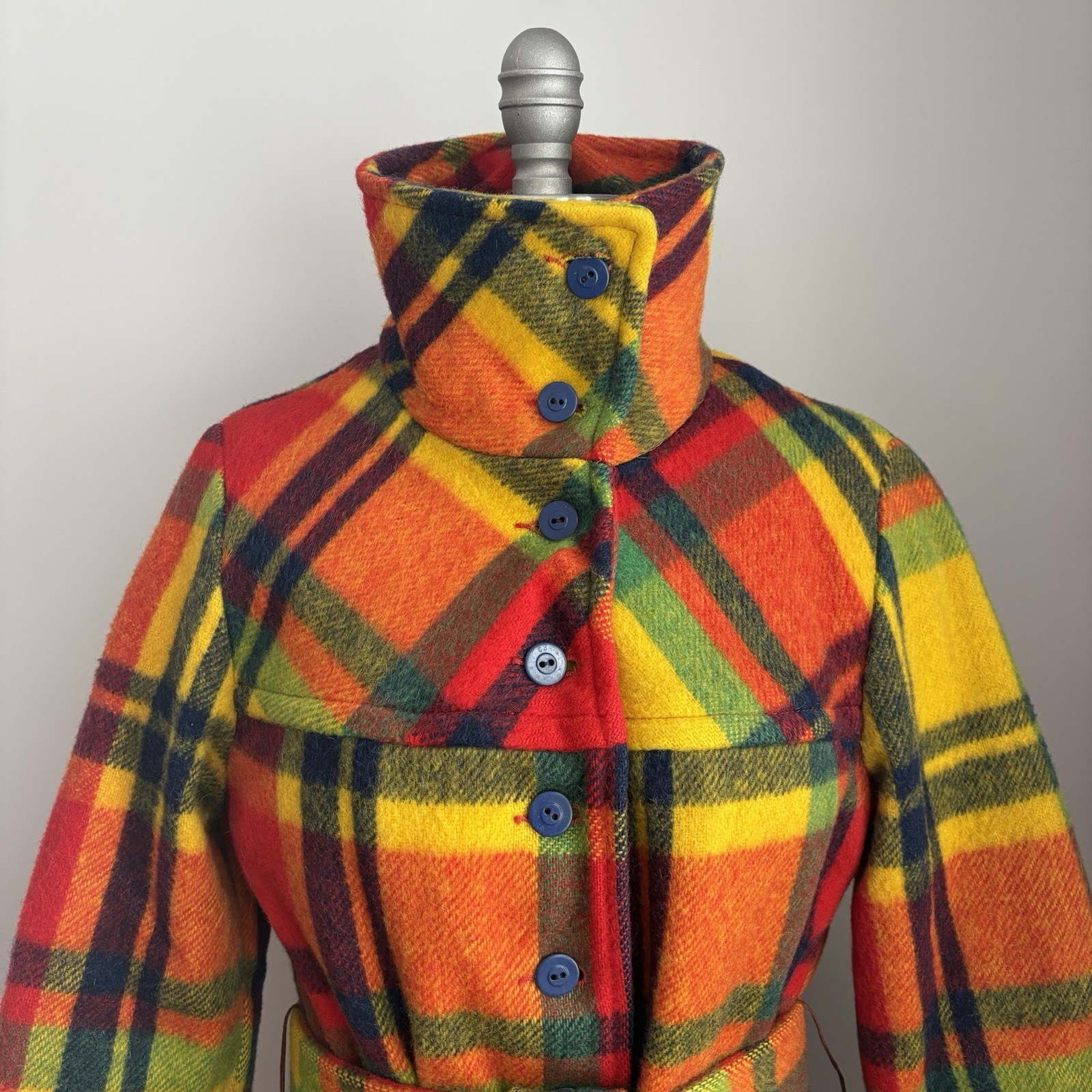 Vintage 1970’s Rainbow Plaid Belted Wool Coat w/ pockets Size XS