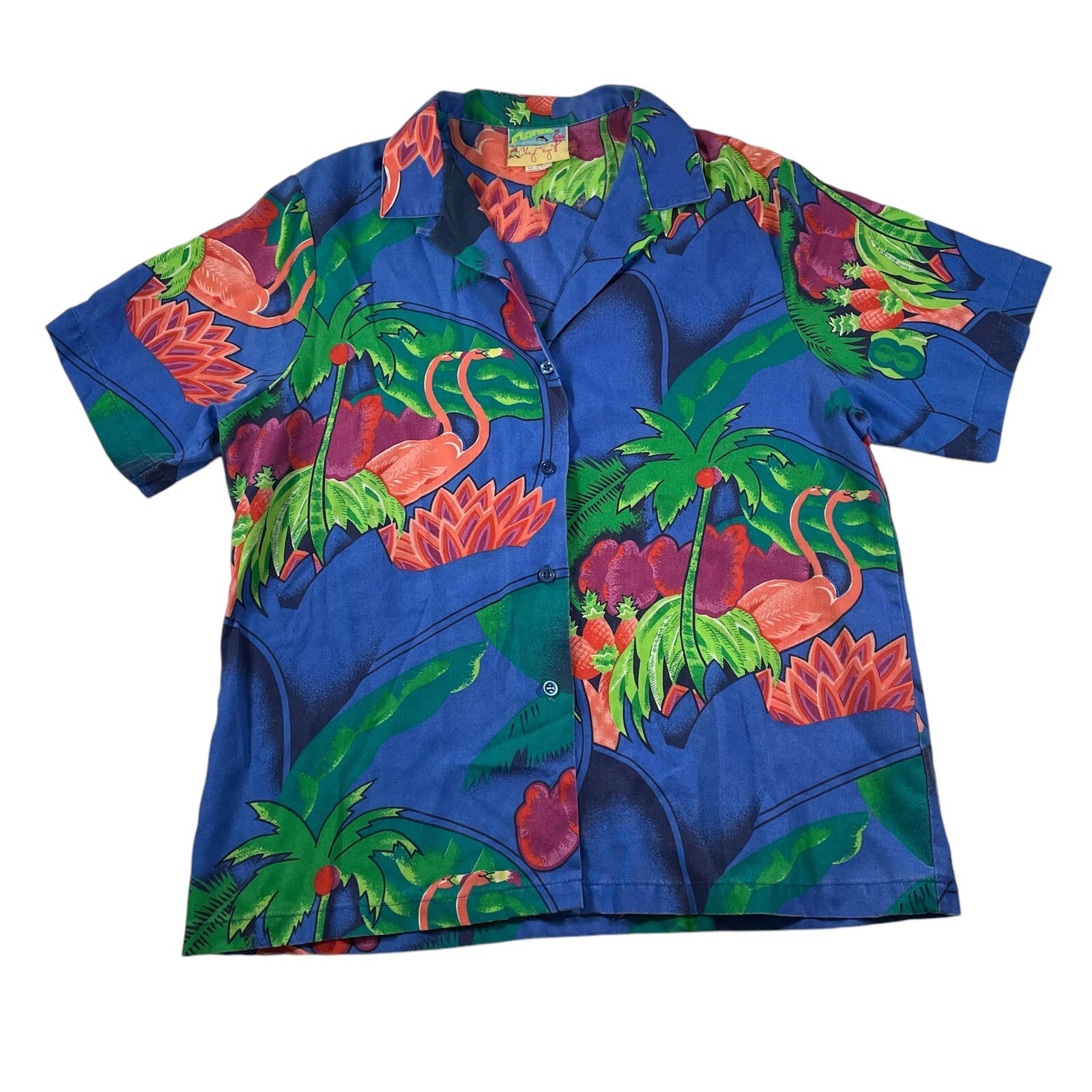 Vtg Cheryl Tiegs Button Shirt 12 Average Tropical Florida Flamingo Graphic AOP