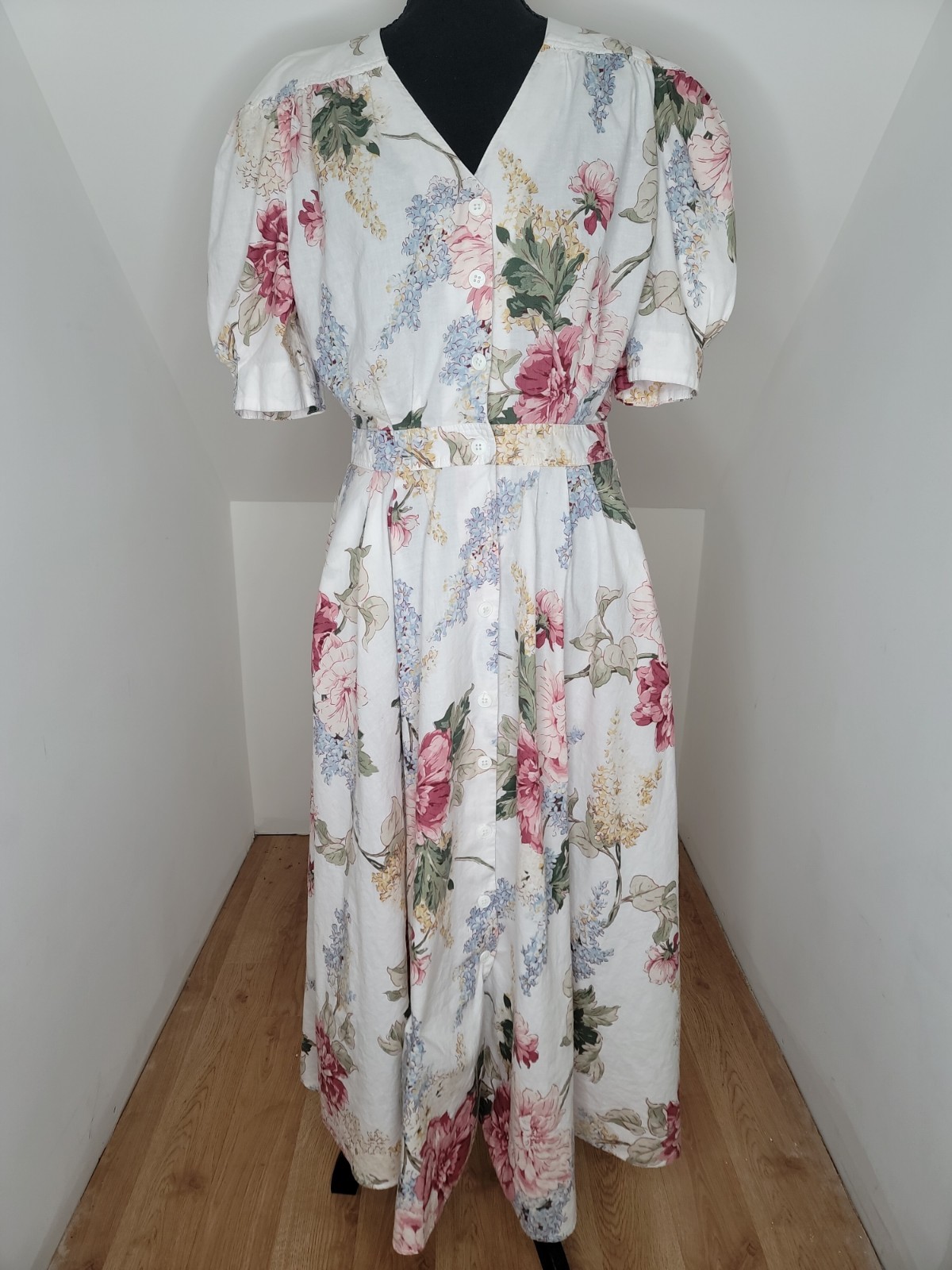 Vtg 80s Cottagecore Floral Maxi Dress 12 14 Cotton Puff Sleeve Button Front USA