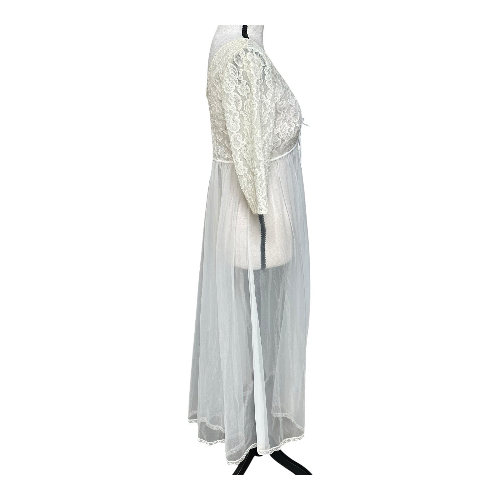 VTG 70s White Lace Sheer Robe Peignoir 3/4 Bell Sleeve Romantic Bridal Med
