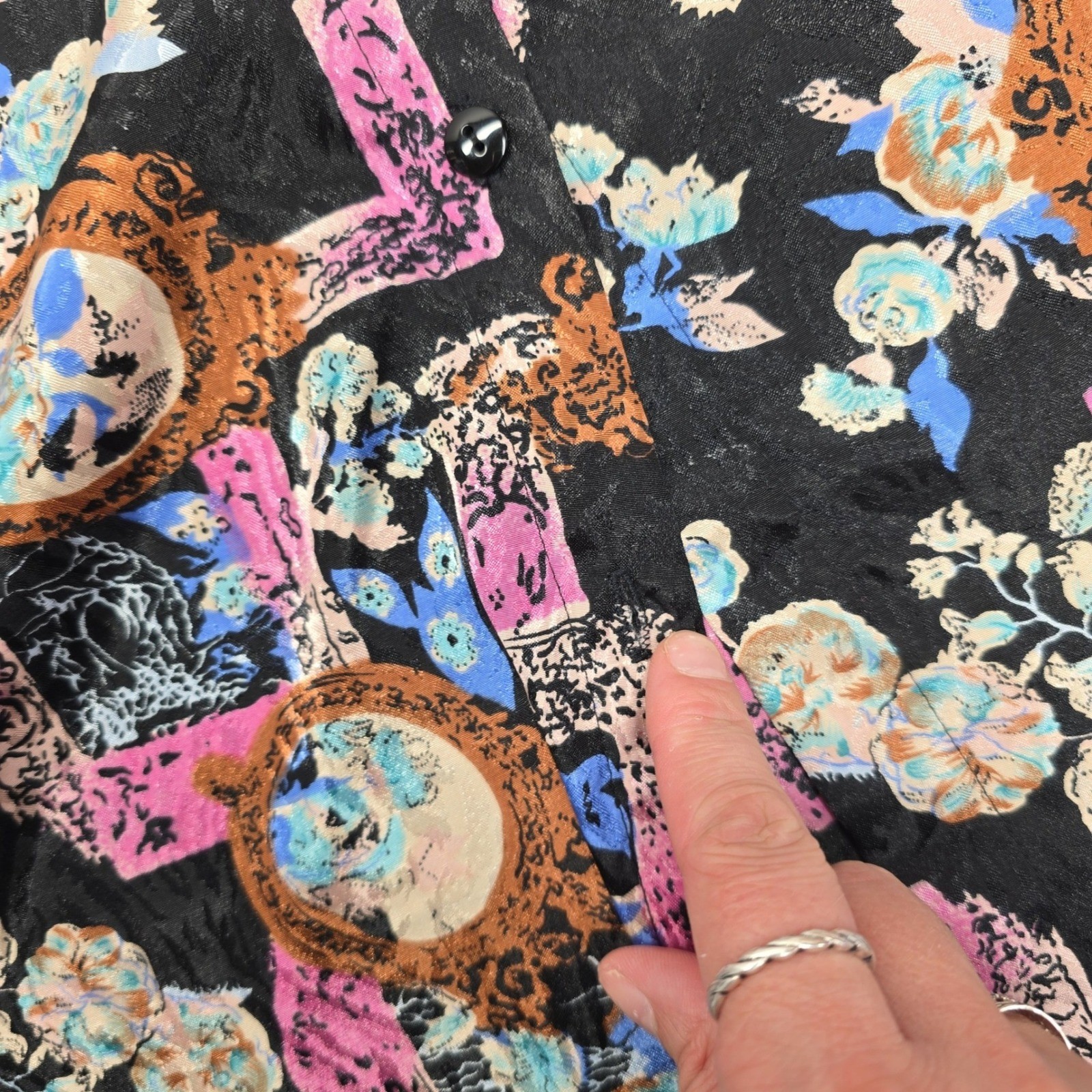 Lori of California Vintage 90s Baroque Floral Button Down Shirt Black Pink Blue