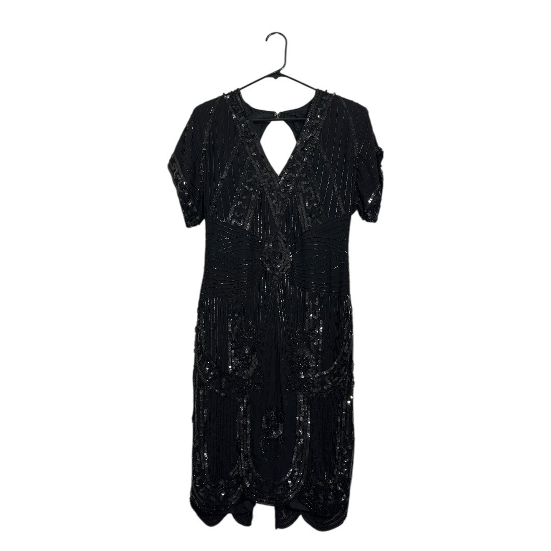 SweeLo Vintage 1920 Black Beaded 100% Silk Flapper Dress Sequin Art Deco Size PL