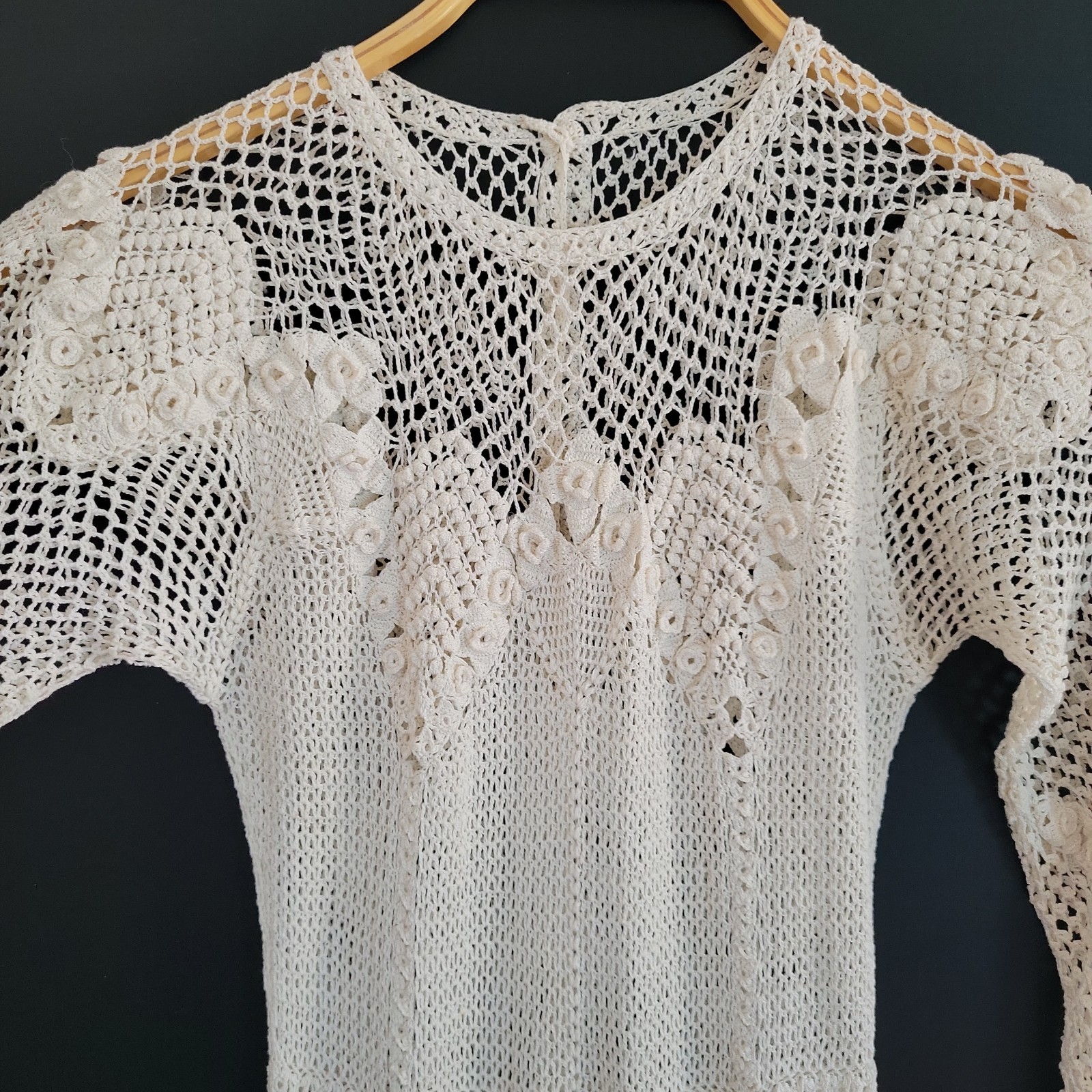 Vintage Handmade Crochet Lace Wedding Dress XS Small White Boho Sheer Overlay
